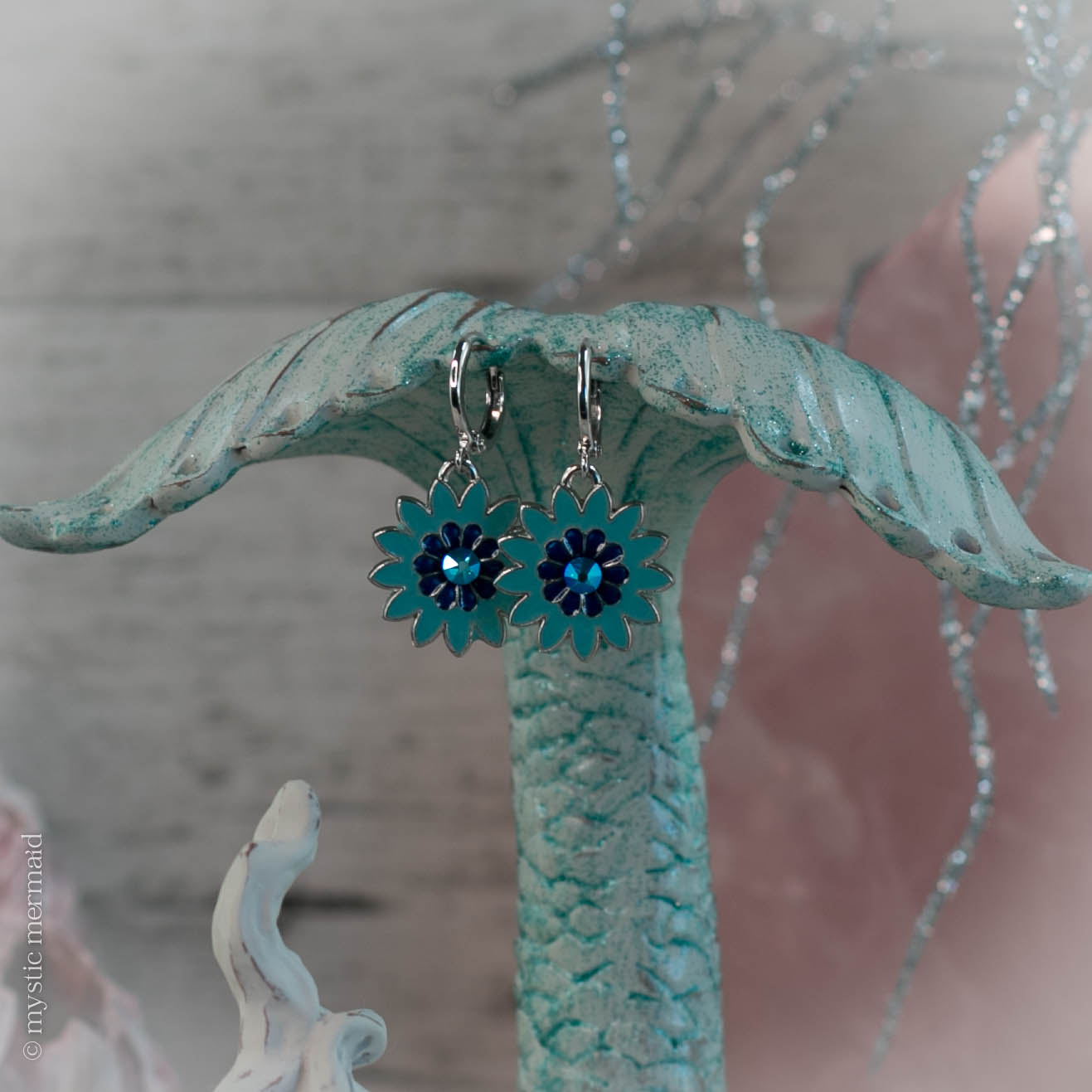 Blue Sparkle Sunflower 925 Sterling Silver Leverback Earrings