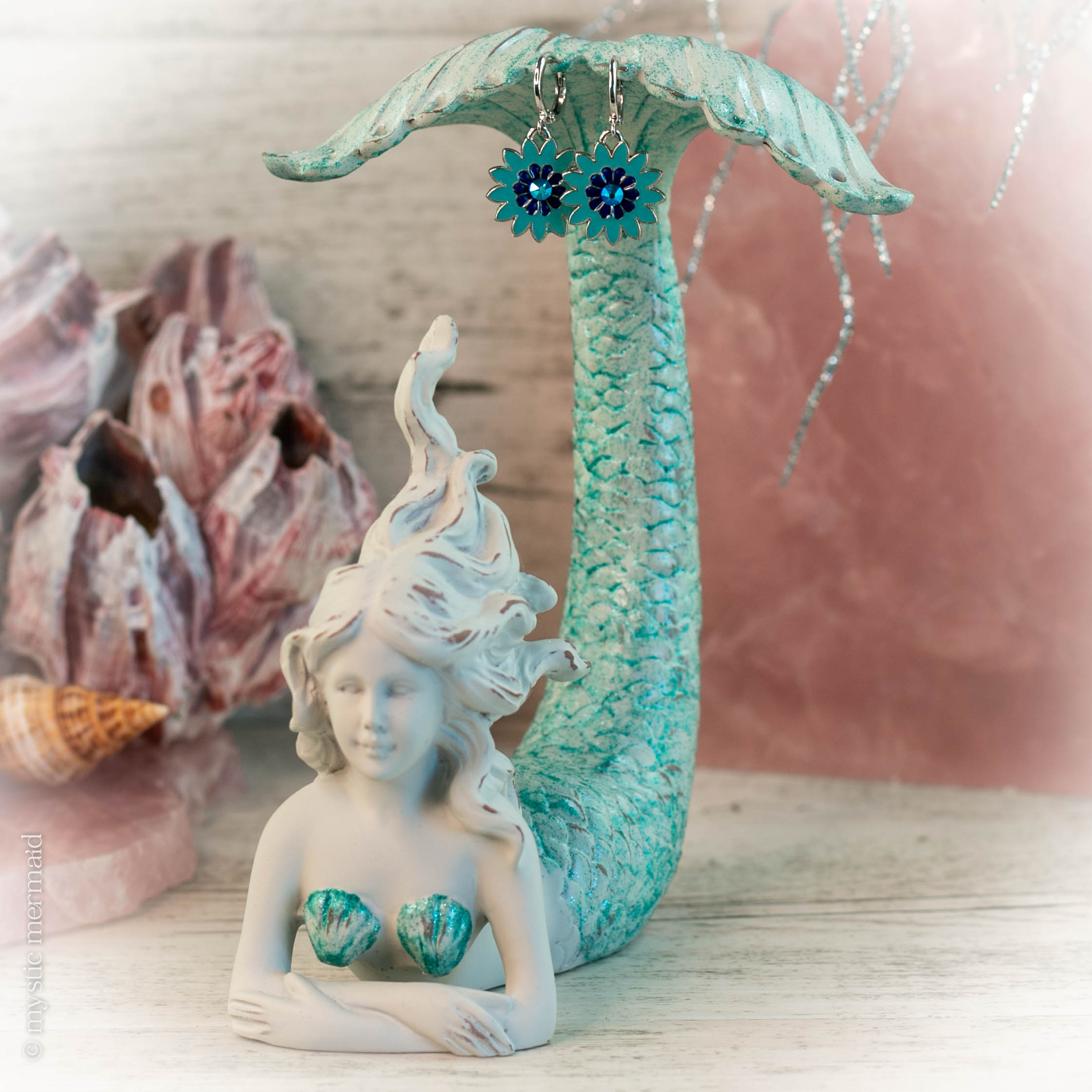 Blue Sparkle Sunflower 925 Sterling Silver Leverback Earrings