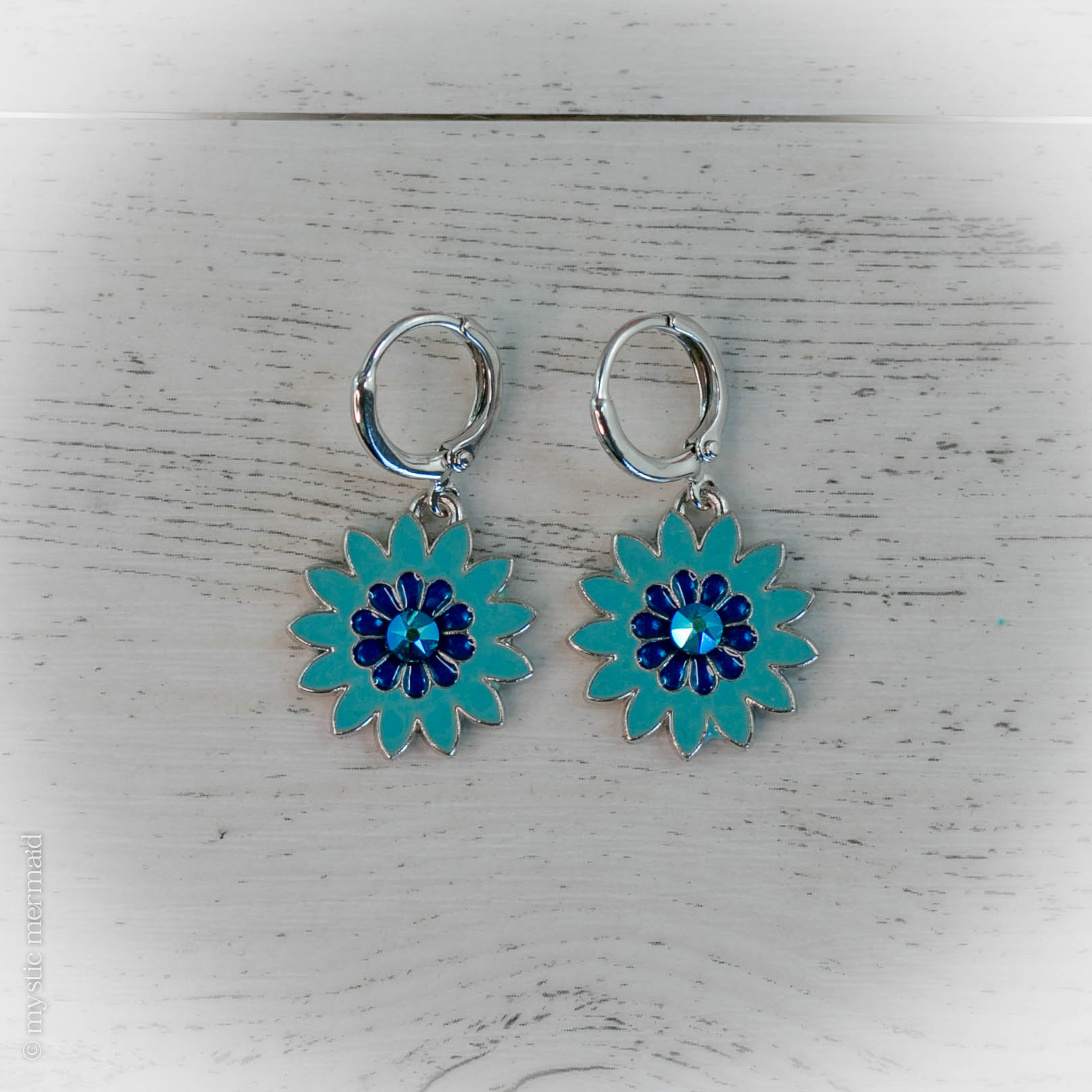 Blue Sparkle Sunflower 925 Sterling Silver Leverback Earrings
