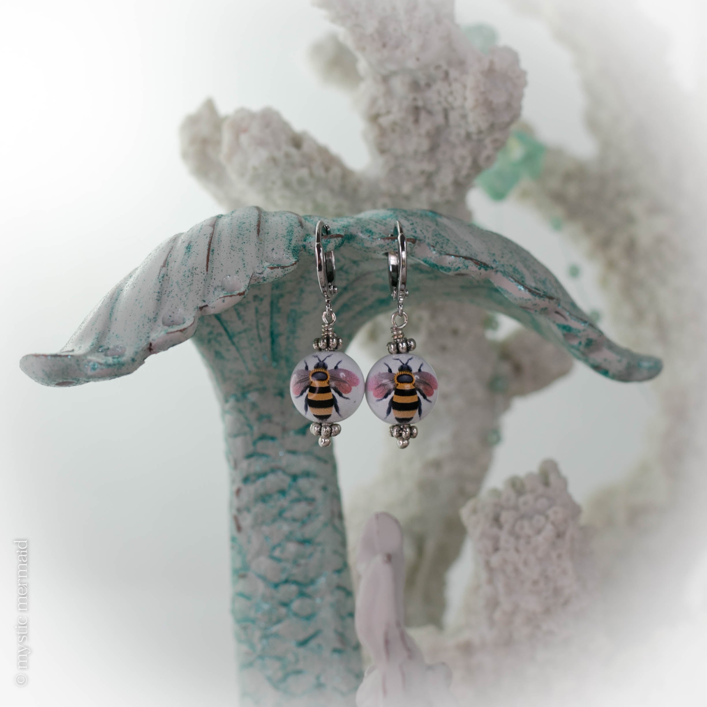 Honey Bee Hand Painted Porcelain 925 Sterling Silver Leverback Earrings