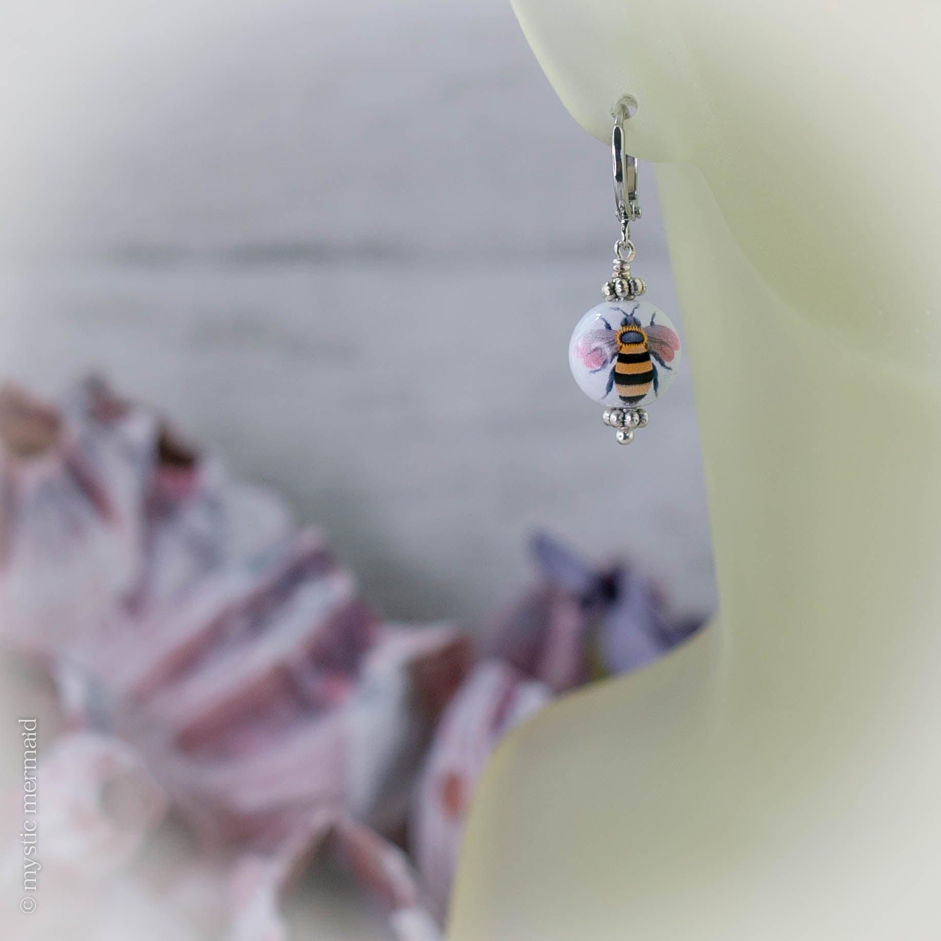 Honey Bee Hand Painted Porcelain 925 Sterling Silver Leverback Earrings