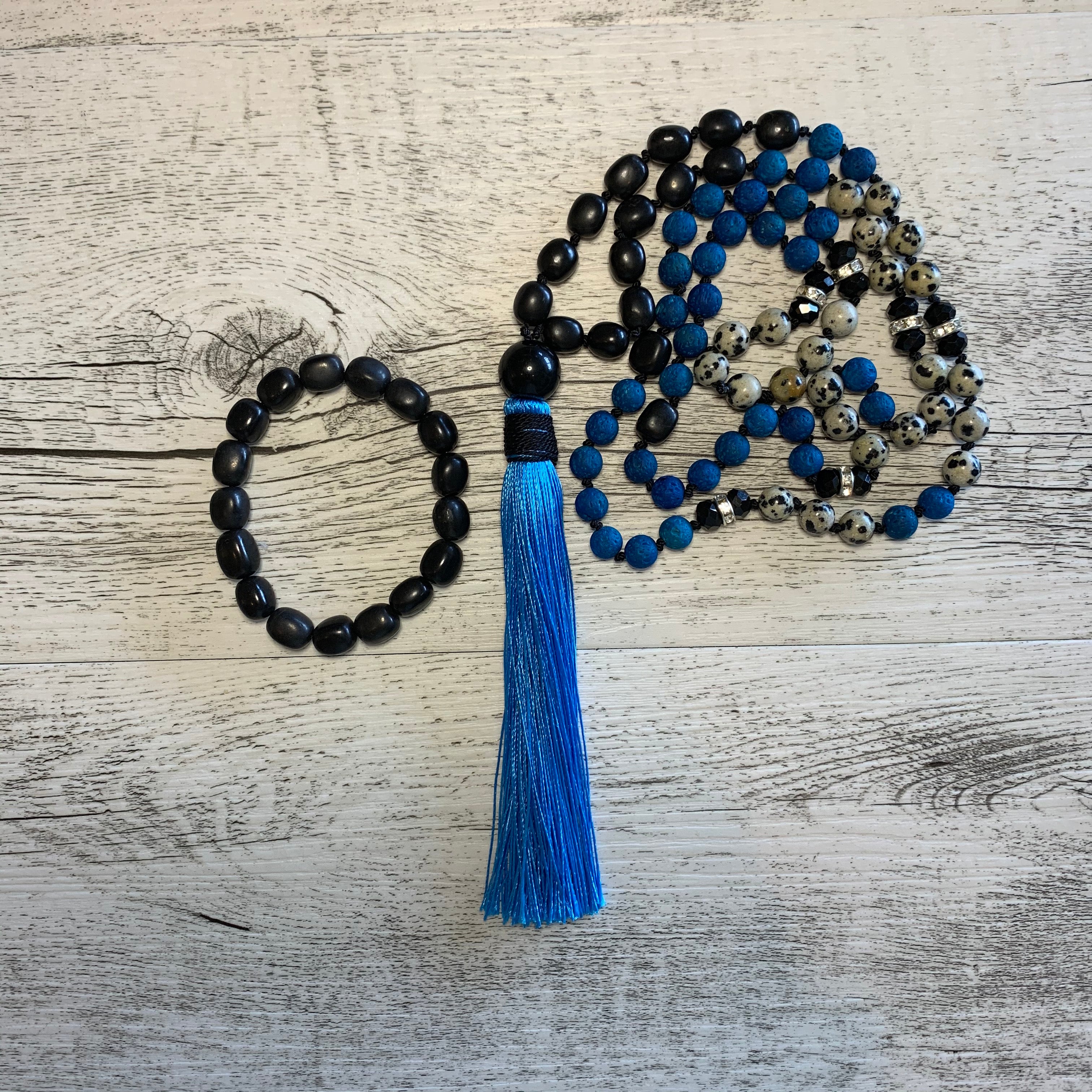 Protection Shungite and Dalmation Jasper Silk Tassel Mala