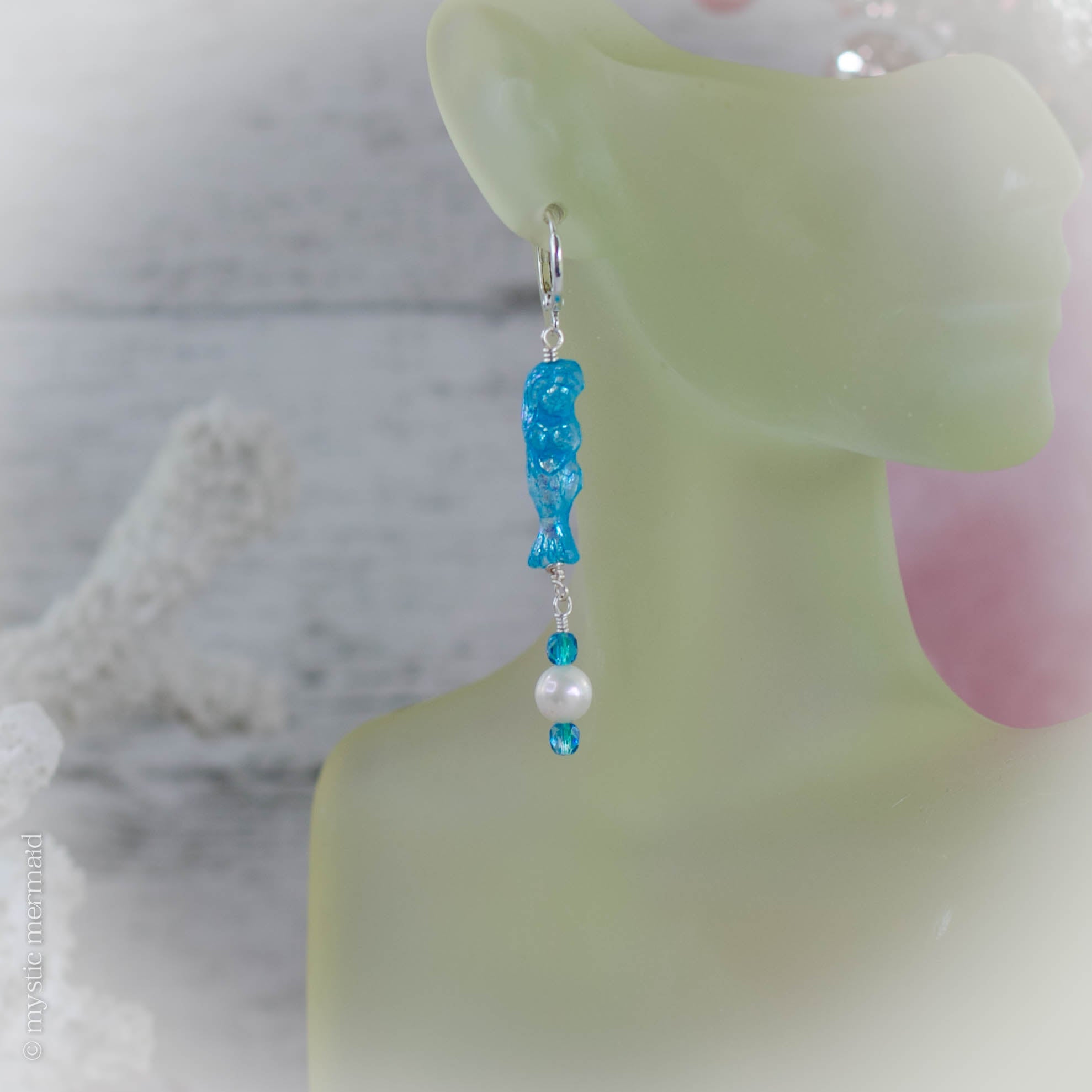 Czech Crystal Mermaid and Pearl 925 Sterling Silver Sleeper Leverback Earrings