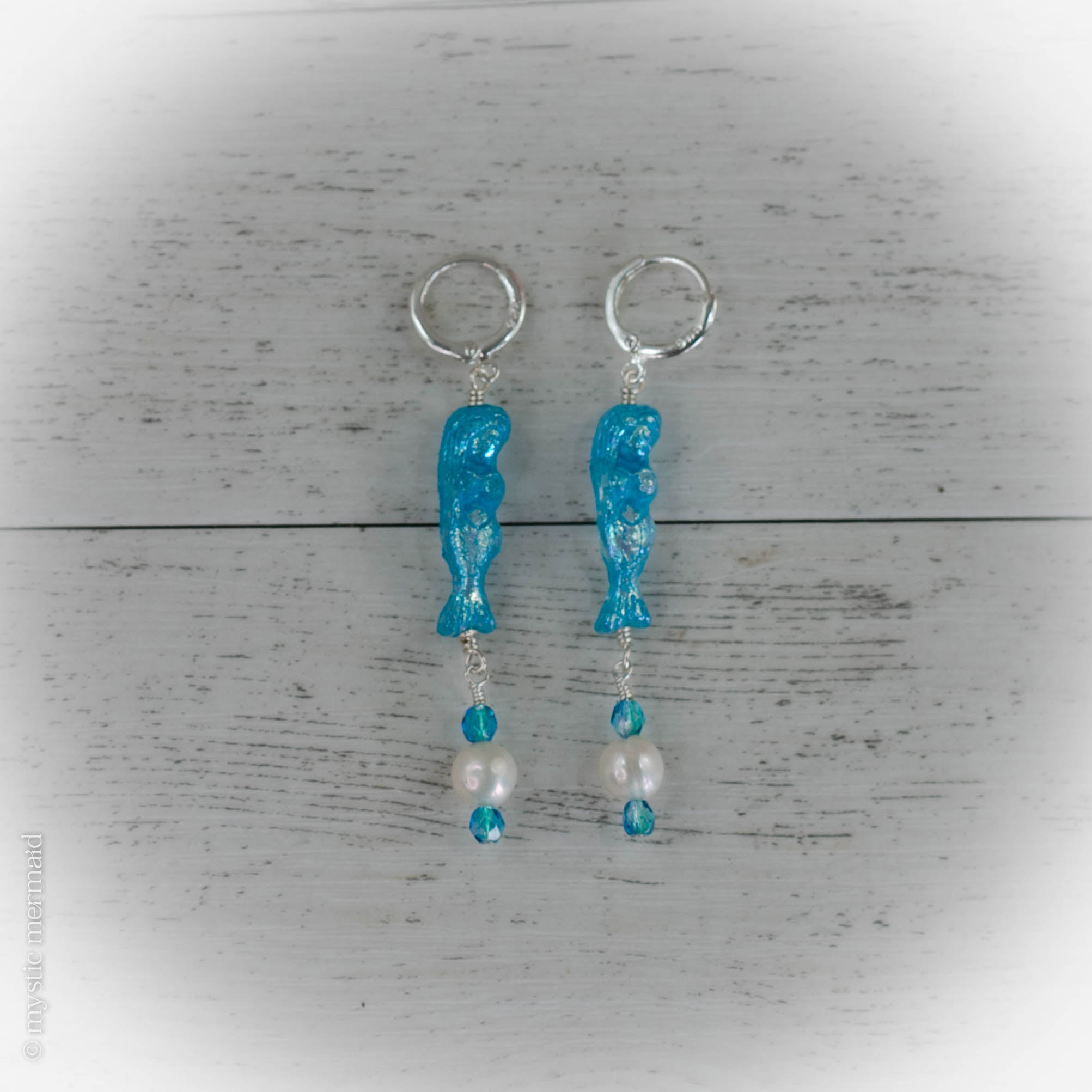 Czech Crystal Mermaid and Pearl 925 Sterling Silver Sleeper Leverback Earrings