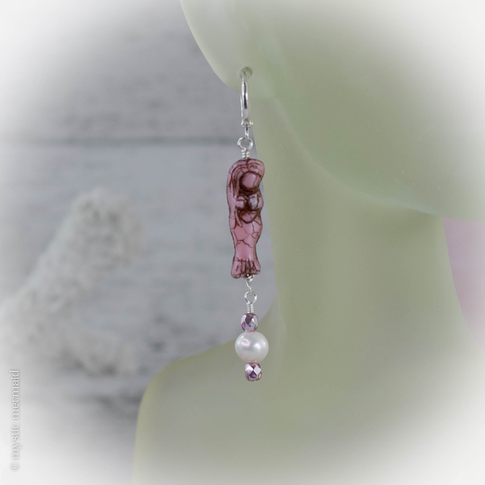 Czech Crystal Mermaid and Pearl 925 Sterling Silver Sleeper Leverback Earrings