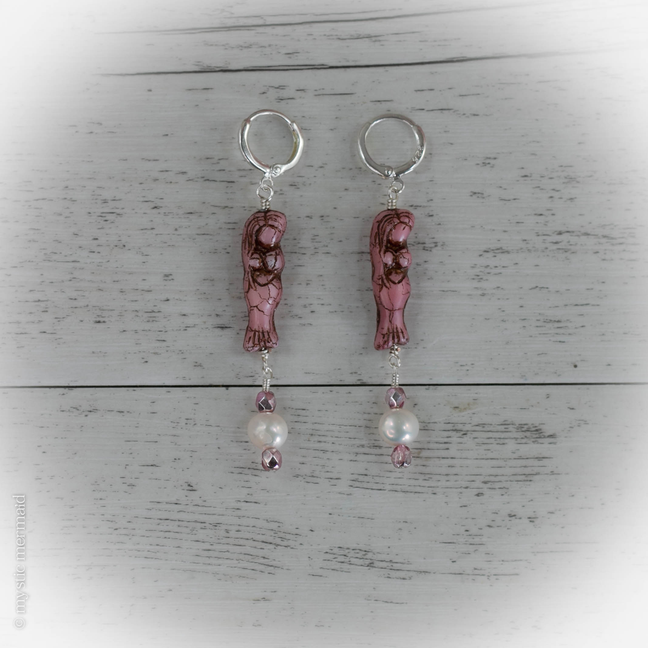 Czech Crystal Mermaid and Pearl 925 Sterling Silver Sleeper Leverback Earrings