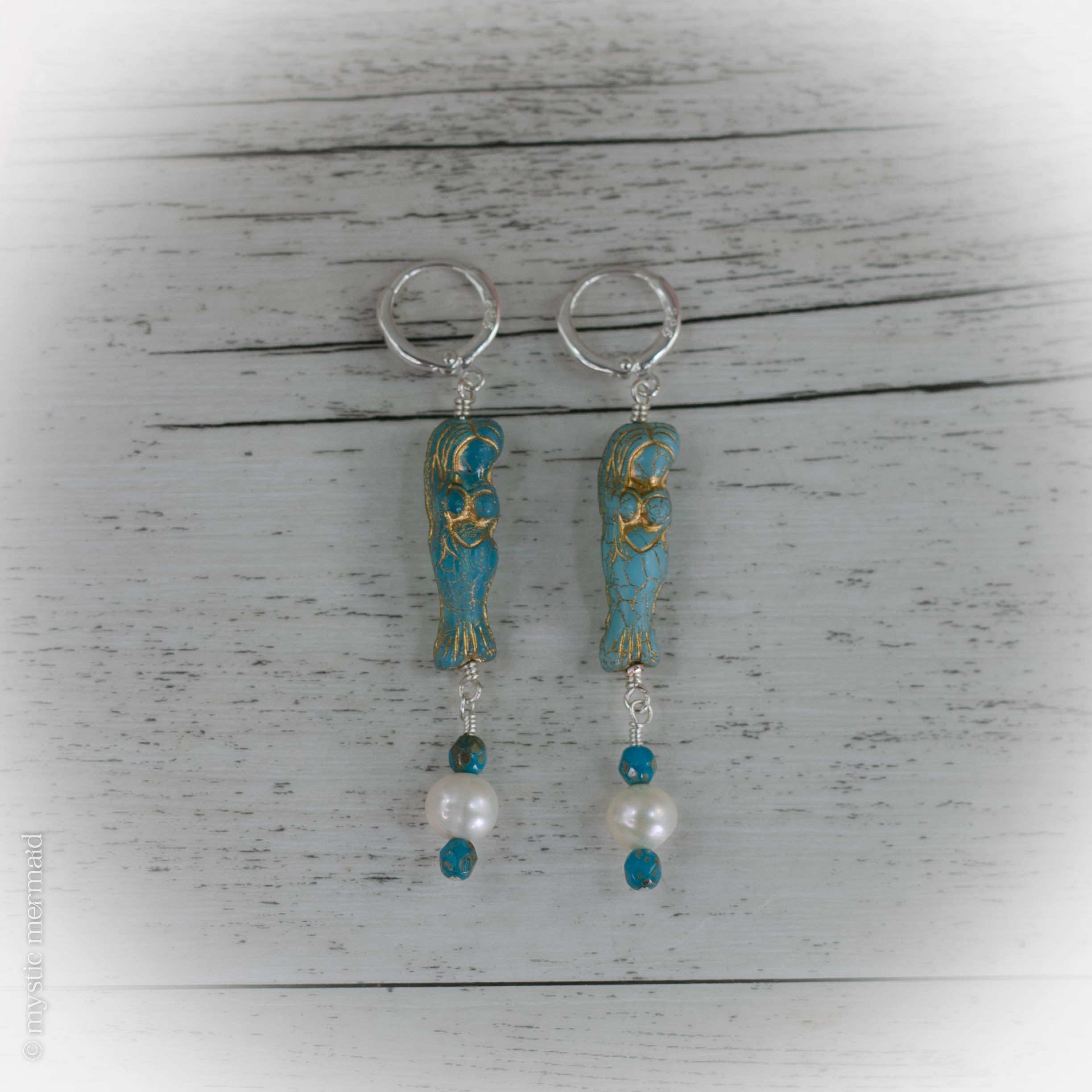 Czech Crystal Mermaid and Pearl 925 Sterling Silver Sleeper Leverback Earrings