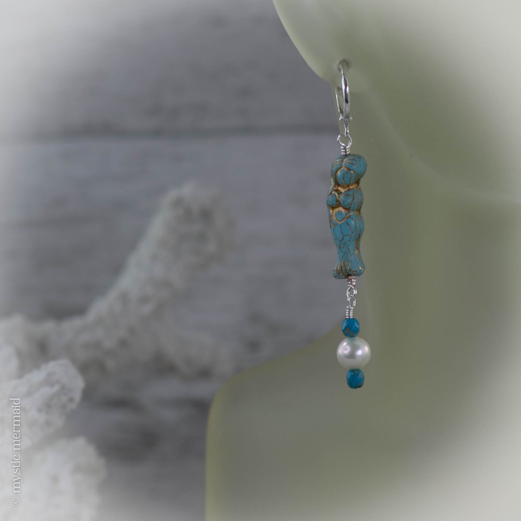 Czech Crystal Mermaid and Pearl 925 Sterling Silver Sleeper Leverback Earrings