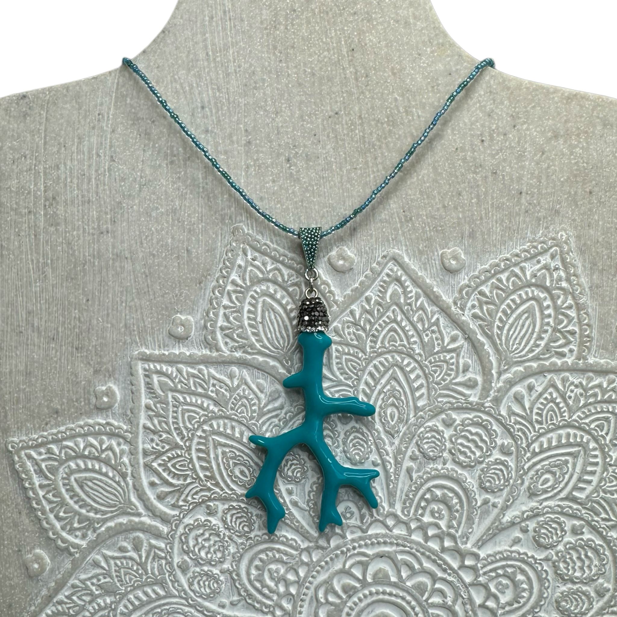 Turquoise Coral Branch and Czech crystal necklace