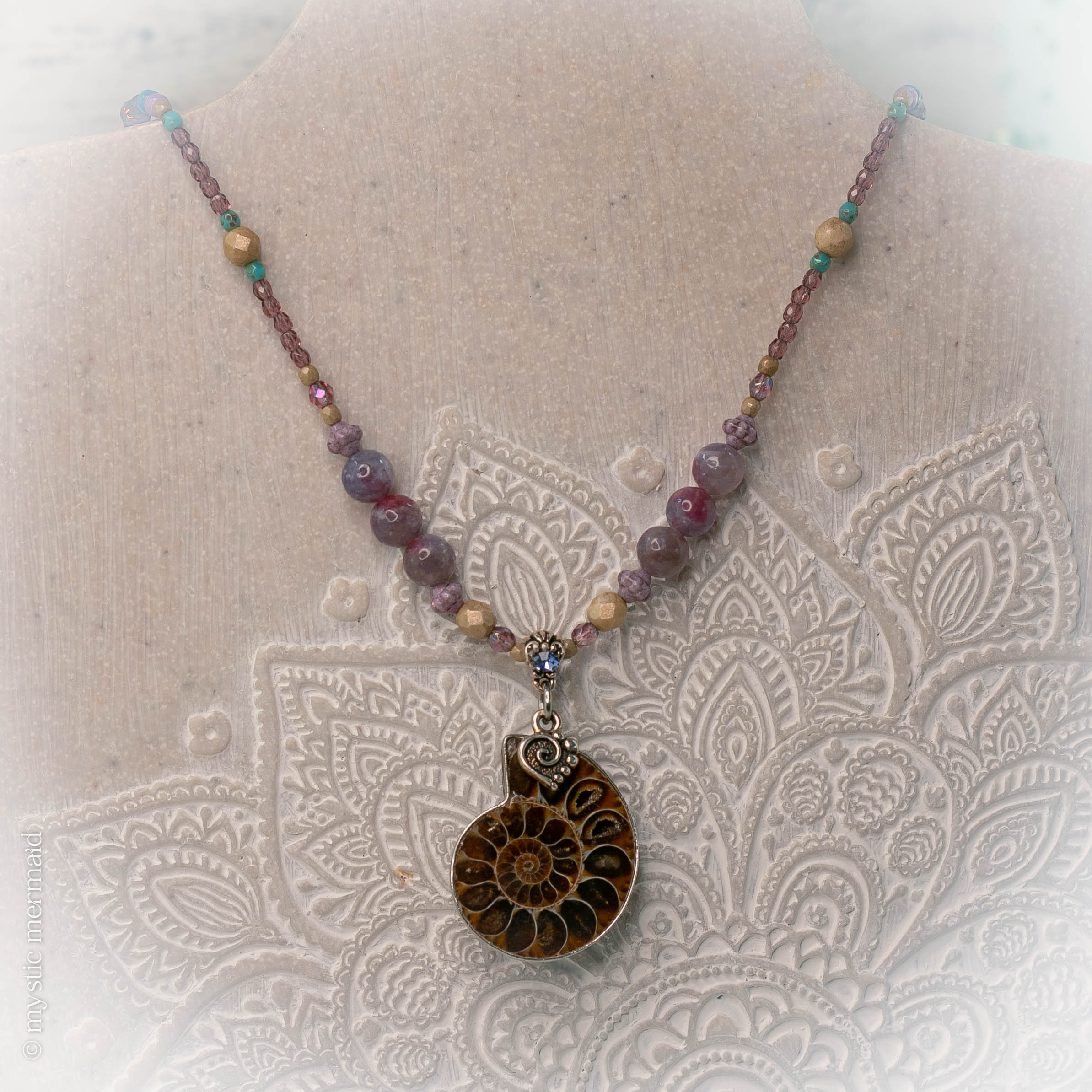 Moving Ahead - Ammonite and Unicorn Stone Long Necklace