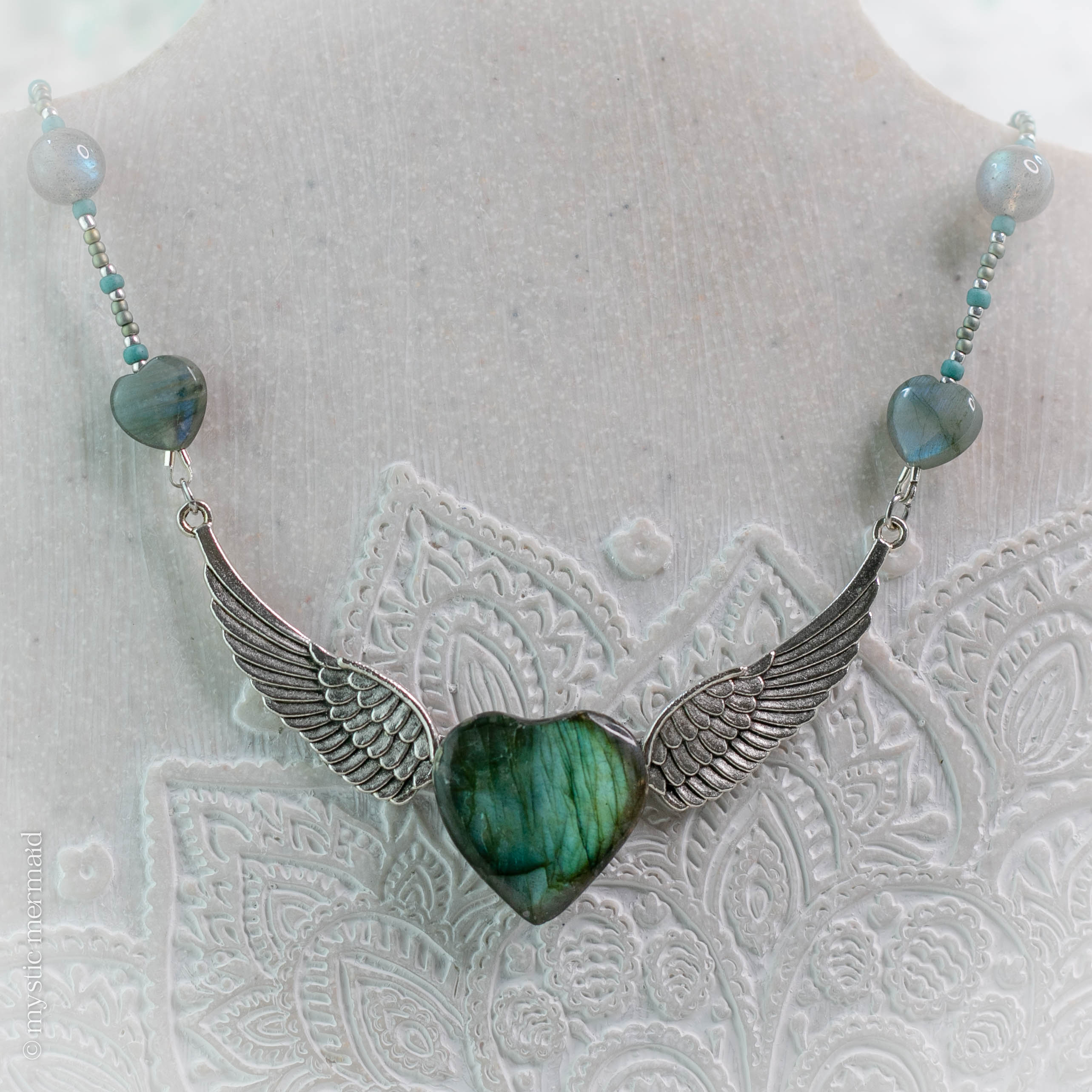 Heart of An Angel - Angel Wing Labradorite Crystal Heart Necklace