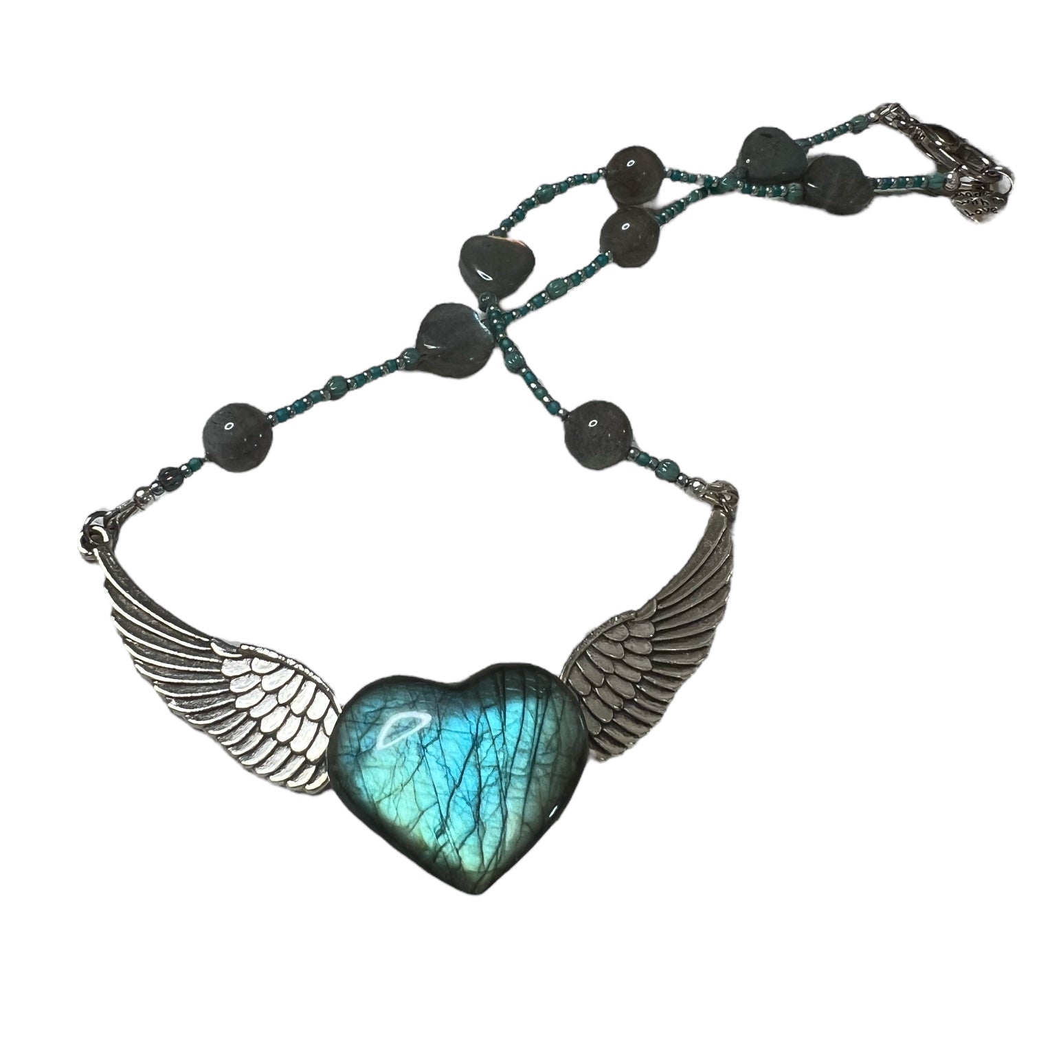 Free to Fly Angel Wing Labradorite Crystal Heart Necklace