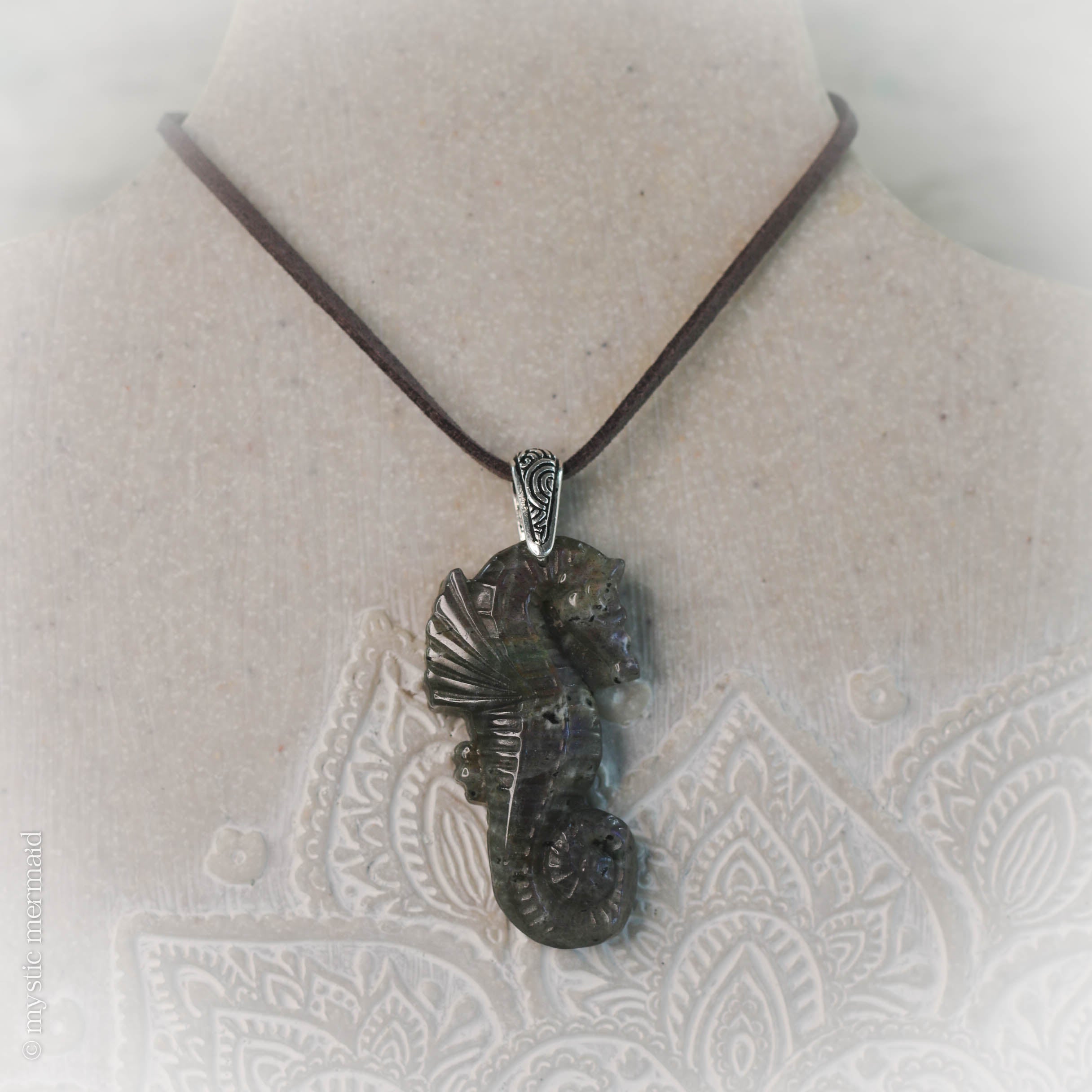 Rainbow Labradorite Fairtrade Carved Seahorse Pendant (with Custom Necklace)