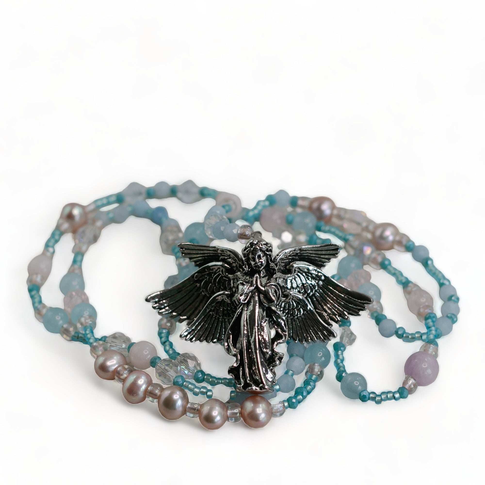 On Wings and Prayers - Angel pendant feature necklace with Aquamarine, Rose Quartz, Genuine Pearls and Kunzite