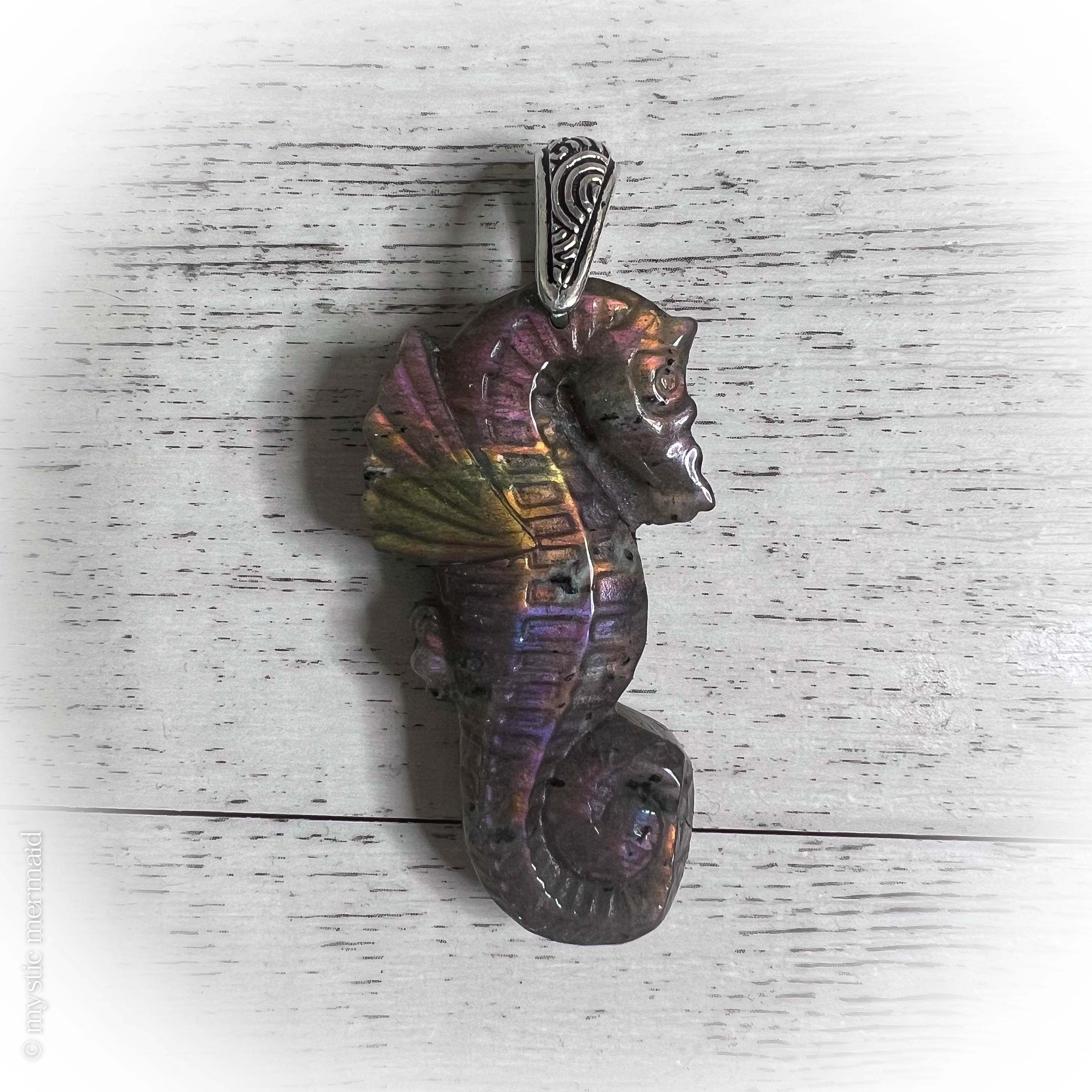 Rainbow Labradorite Fairtrade Carved Seahorse Pendant (with Custom Necklace)