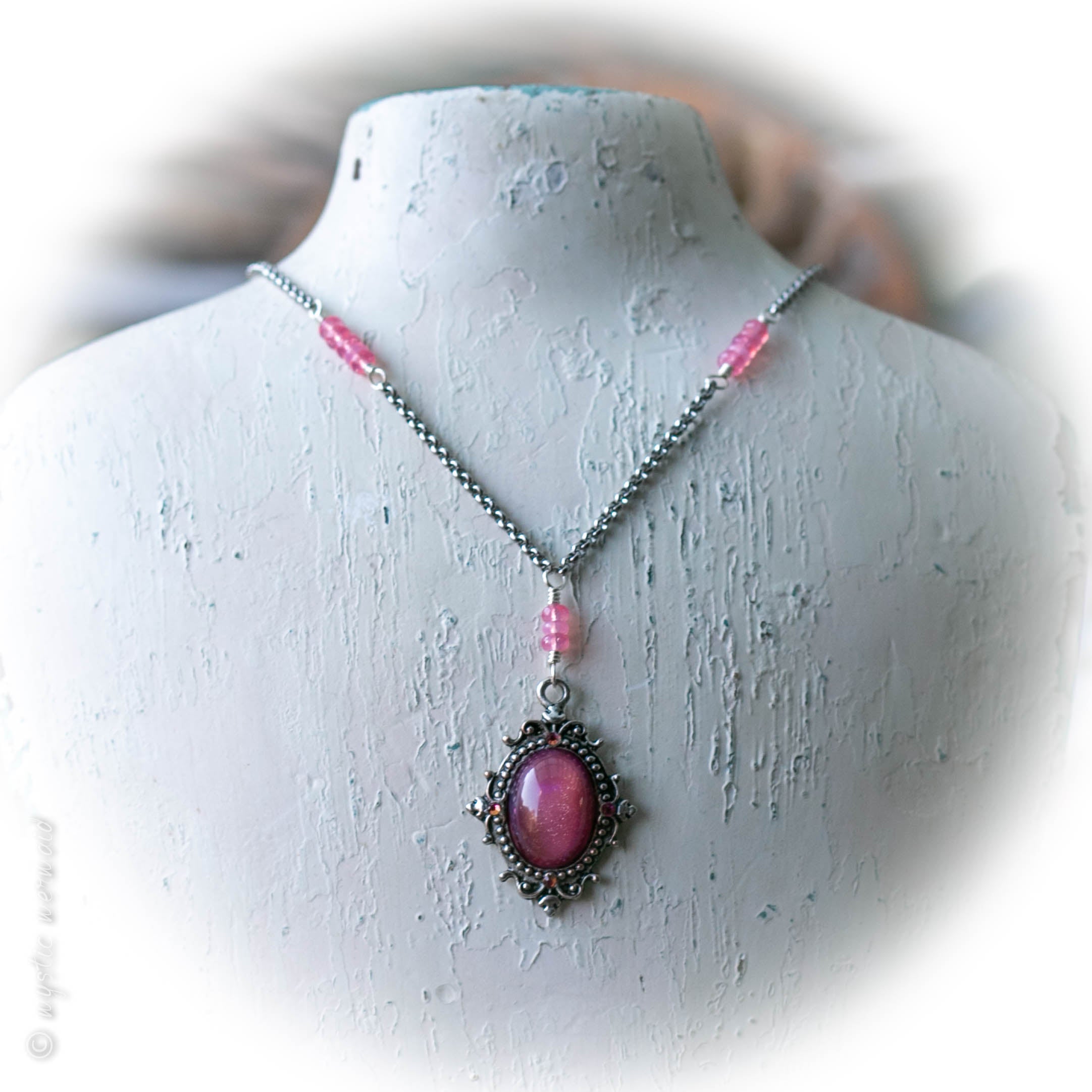 Pink Chalcedony and Sparkle Pink Cabochon Stainless Steel rolo chain Necklace