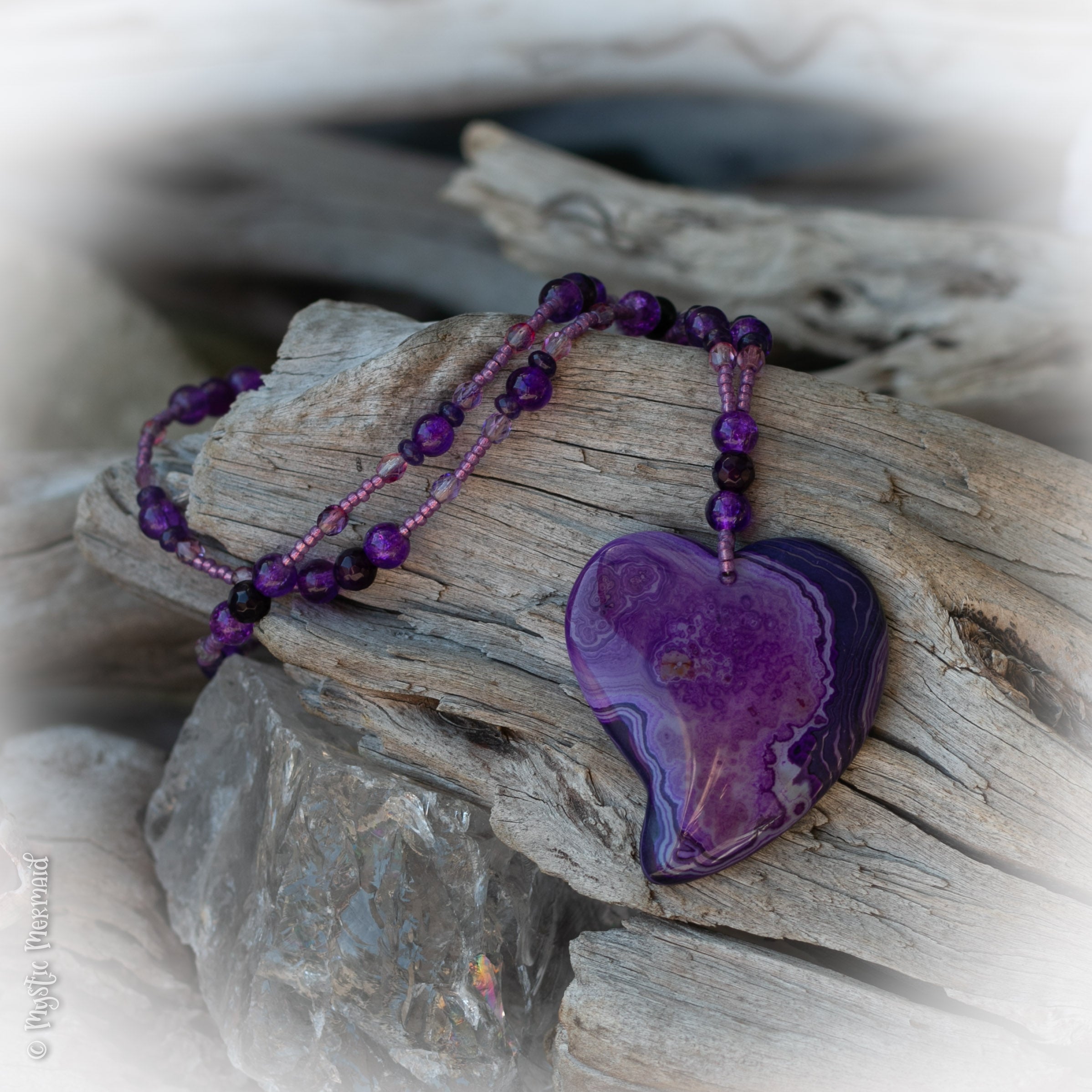 Purple Delight – Agate Heart, Faceted Amethyst and Crackle Quartz Necklace