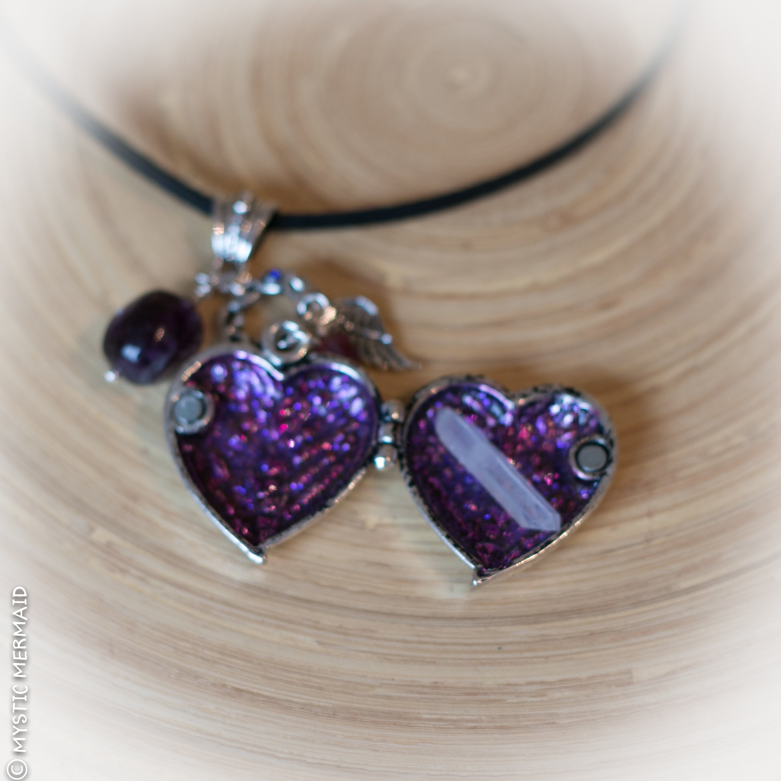 Purple Fluorite Angel Heart Locket Necklace