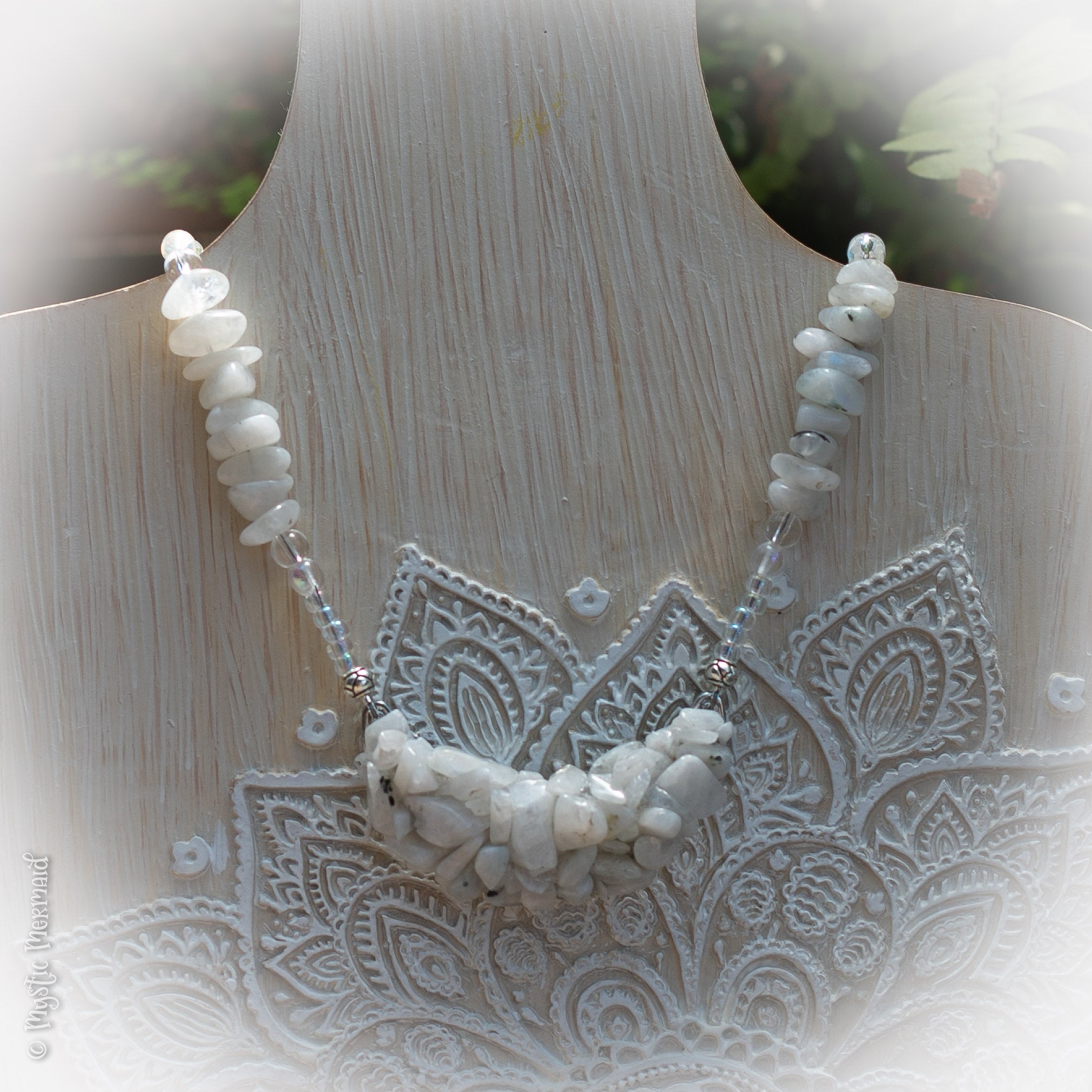 Rainbow Moonstone Crescent Moon Pendant Feature Necklace with Angel Aura and Clear Quartz