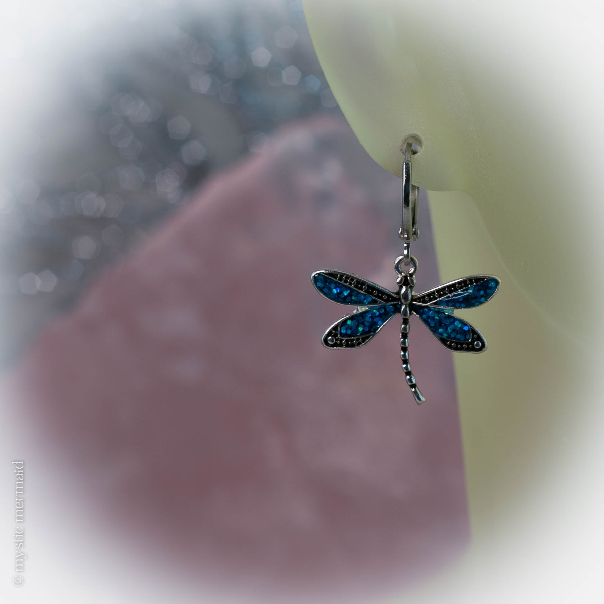 Blue Sparkle Dragonfly 925 Sterling Silver Sleeper Leverback Earrings