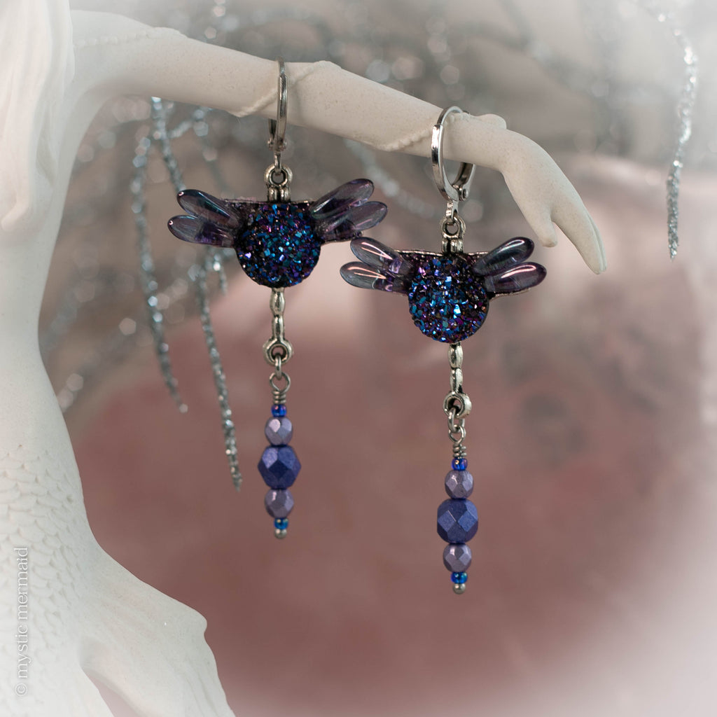 Dragonfly Czech Crystal 925 Sterling SIlver Sleeper Leverback Earrings with Faux Druzy feature
