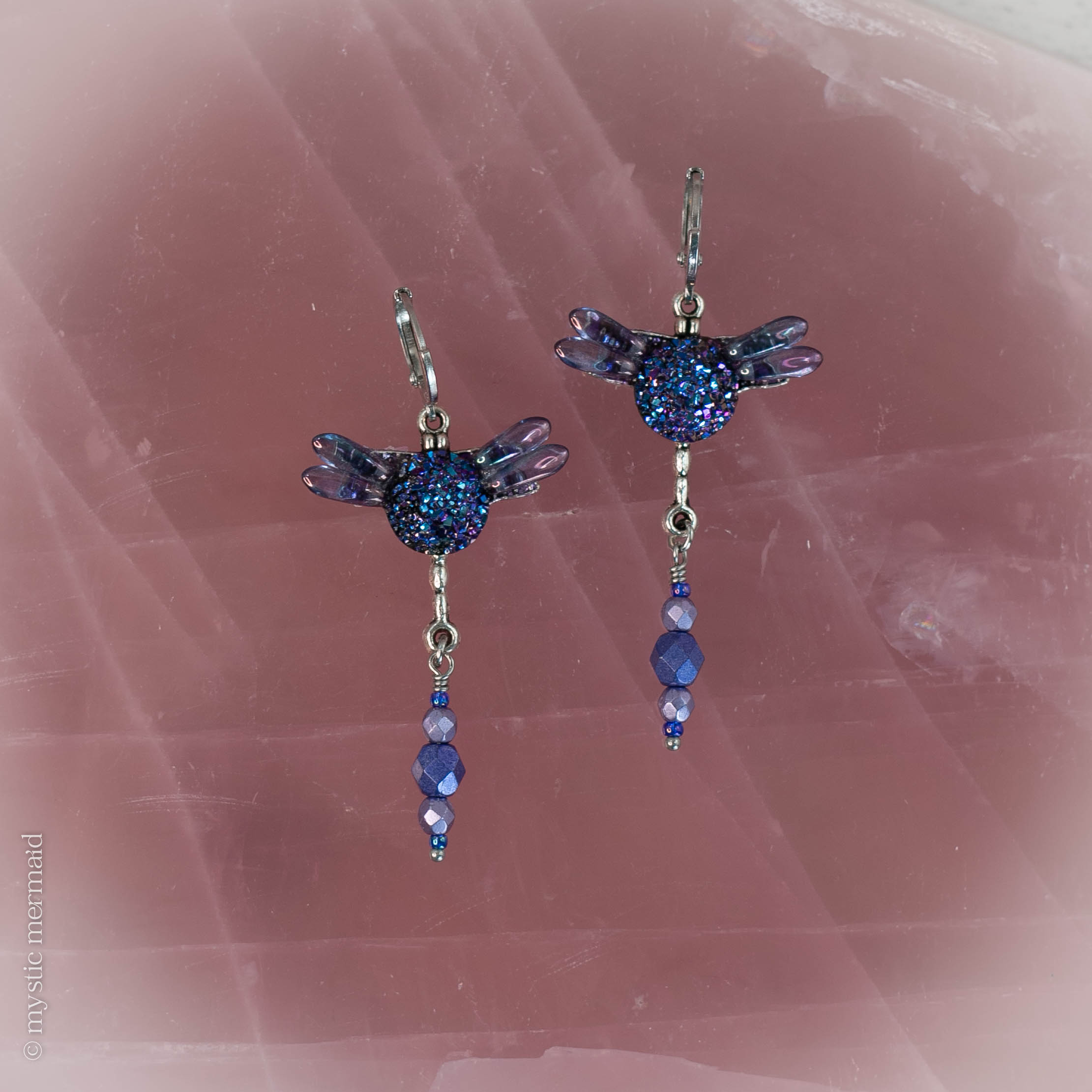 Dragonfly Czech Crystal 925 Sterling SIlver Sleeper Leverback Earrings with Faux Druzy feature