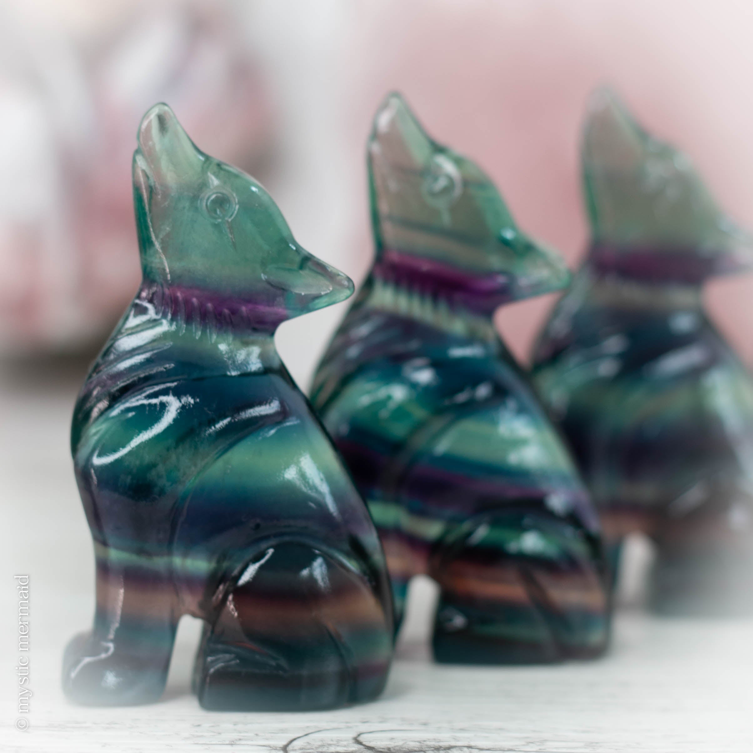 Rainbow Fluorite Howling Wolf Fairtrade Crystal Carving