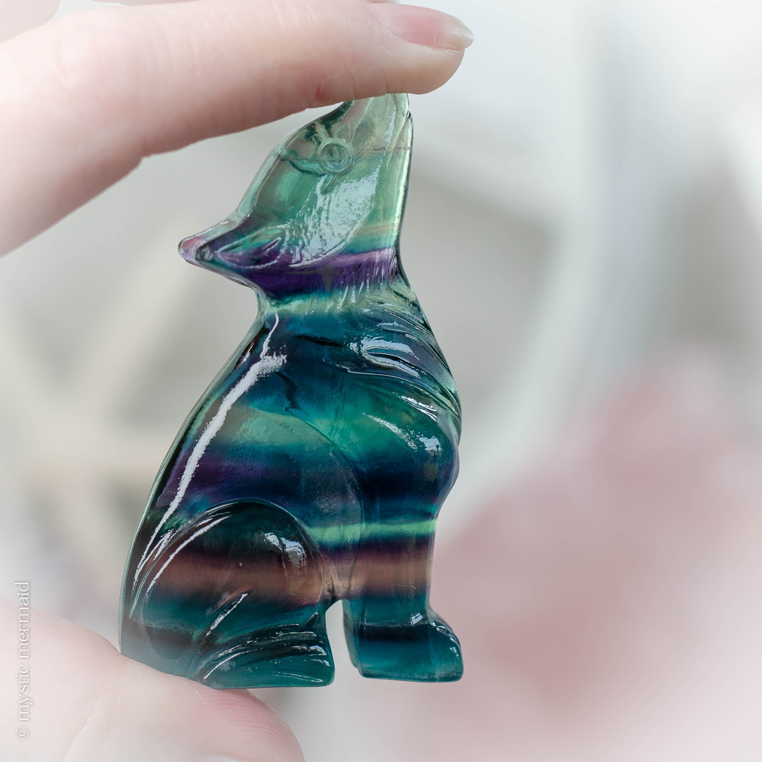 Rainbow Fluorite Howling Wolf Fairtrade Crystal Carving