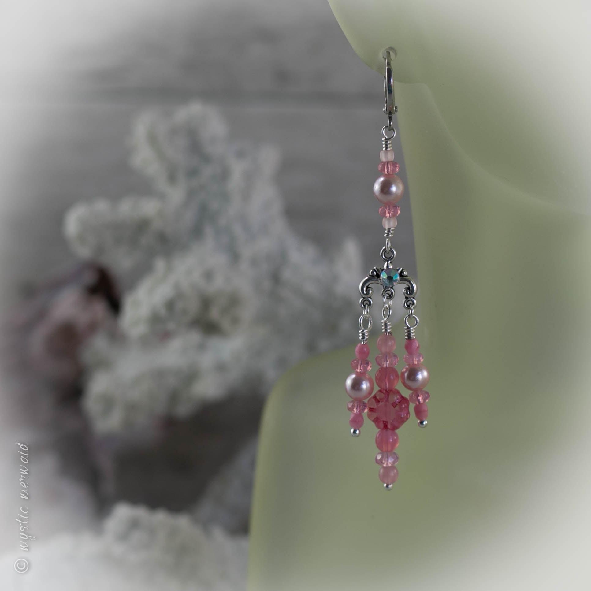 Pretty in Pink Hibiscus Flower Chandelier 925 Sterling Silver Sleeper Leverback Earrings
