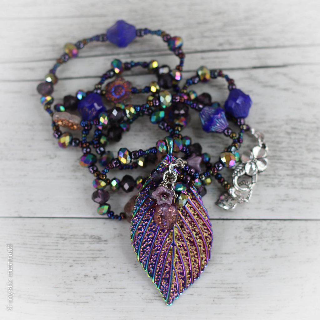 Glistening Rainbow Aura Leaf Beaded Necklace