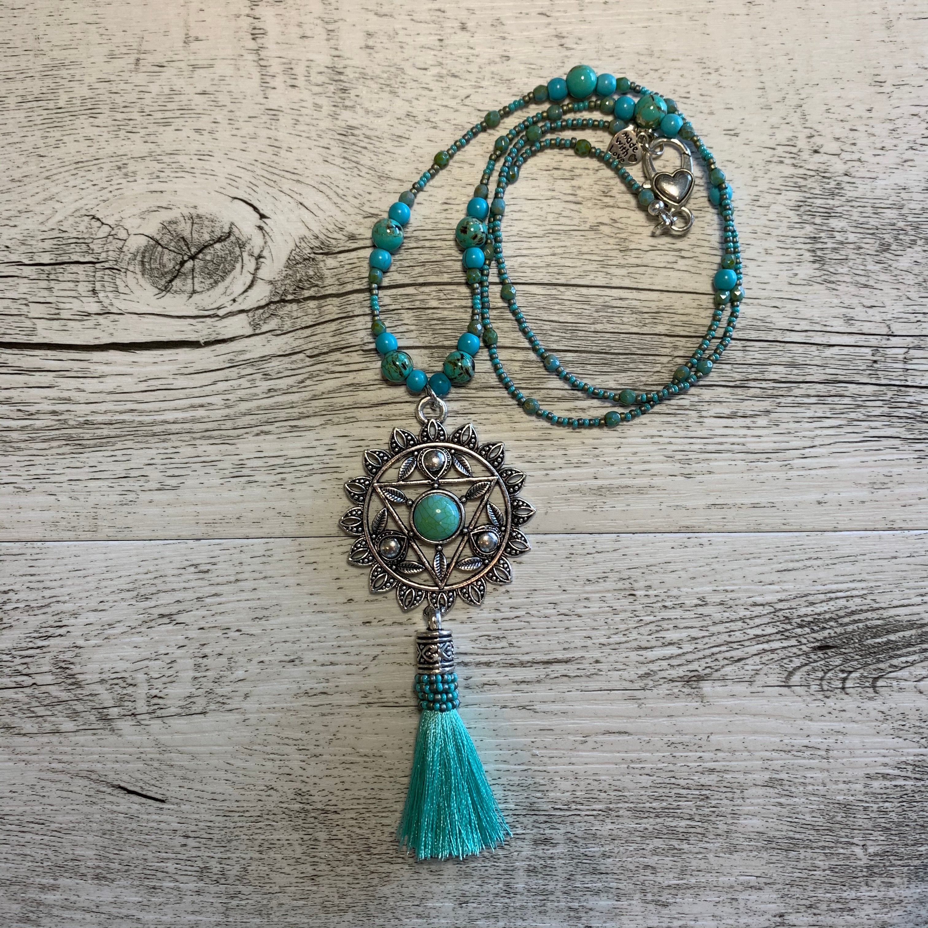 Heart Chakra Mandala Turquoise Howlite and Shell Bead Necklace