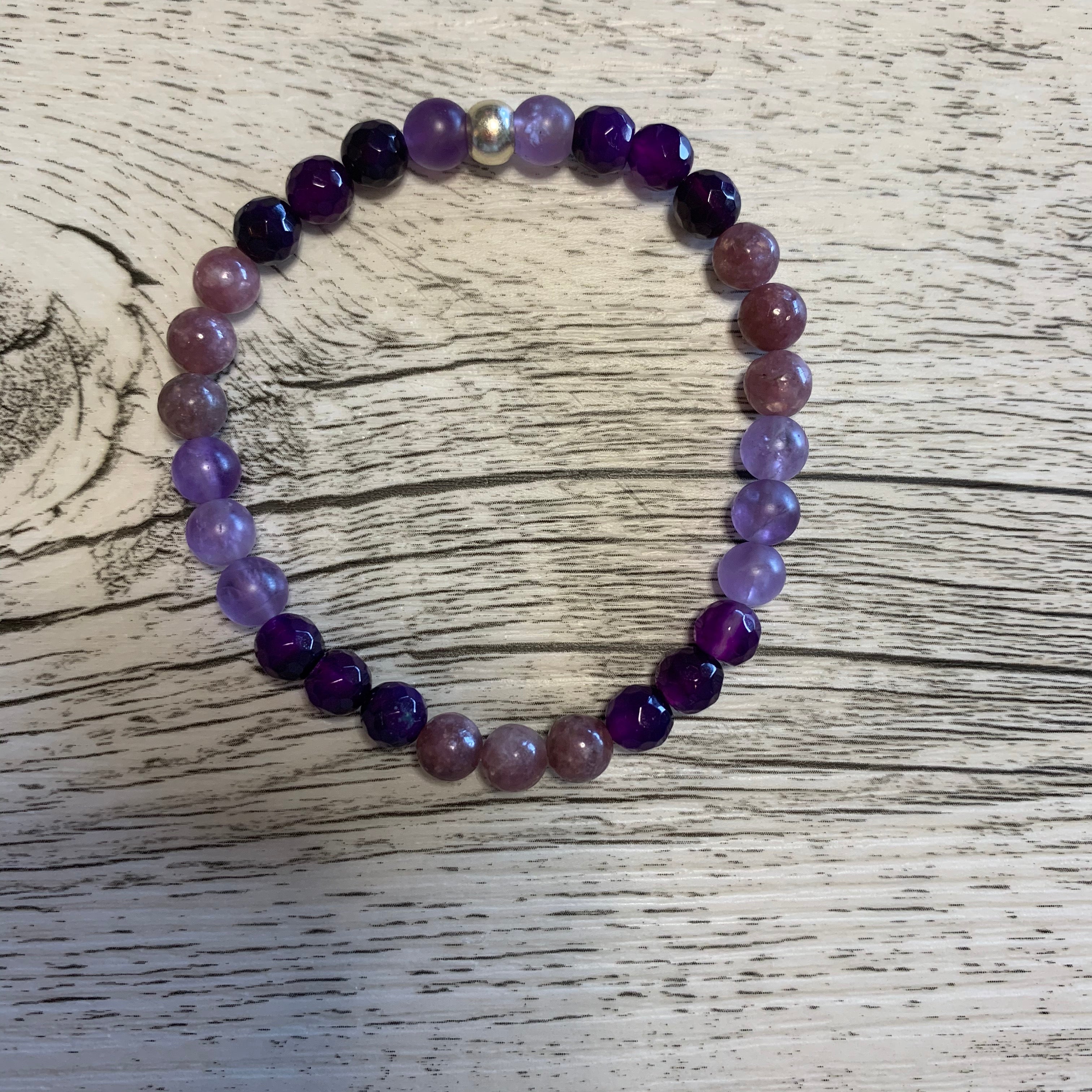 Instant Calm Lepidolite, Purple Agate, Frosted Amethyst stretch bracelet