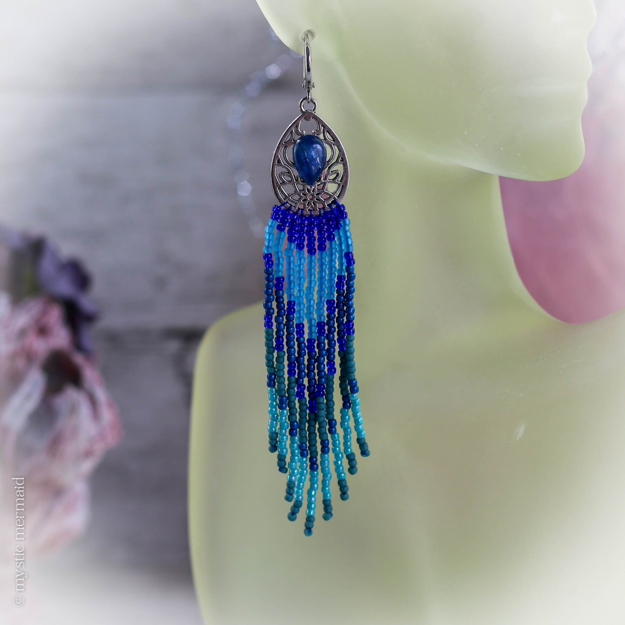 Kamichi Blue Kyanite and Hand Sewn Crystal 925 Sterling Silver Sleeper Leverback Earrings