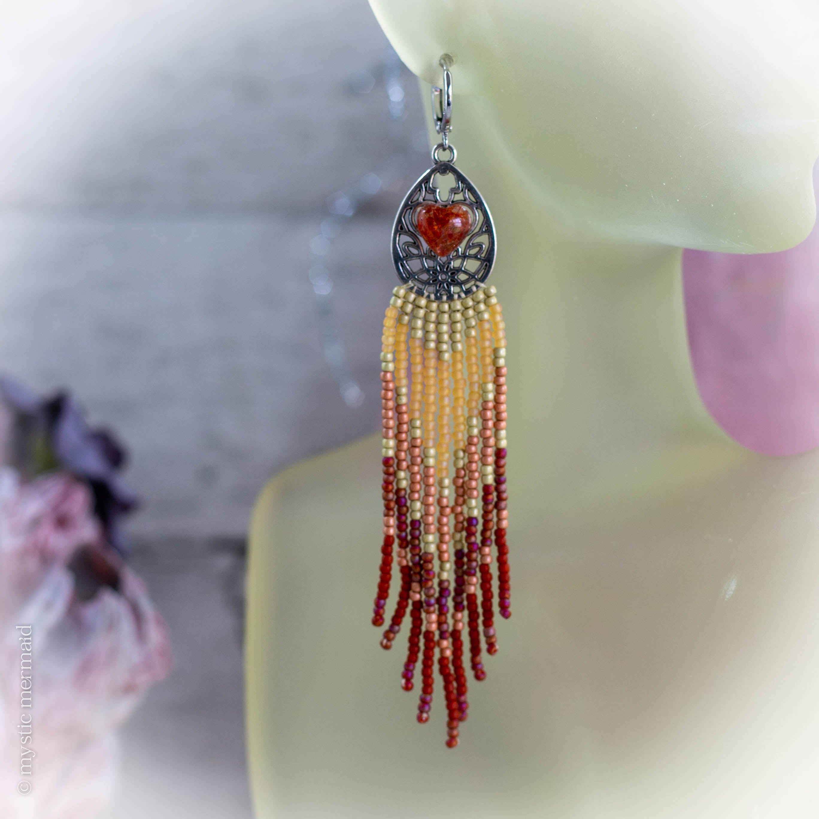 Kamichi High Grade Sunstone Hearts and Hand Sewn Czech Crystal 925 Sterling Silver Sleeper Leverback Earrings