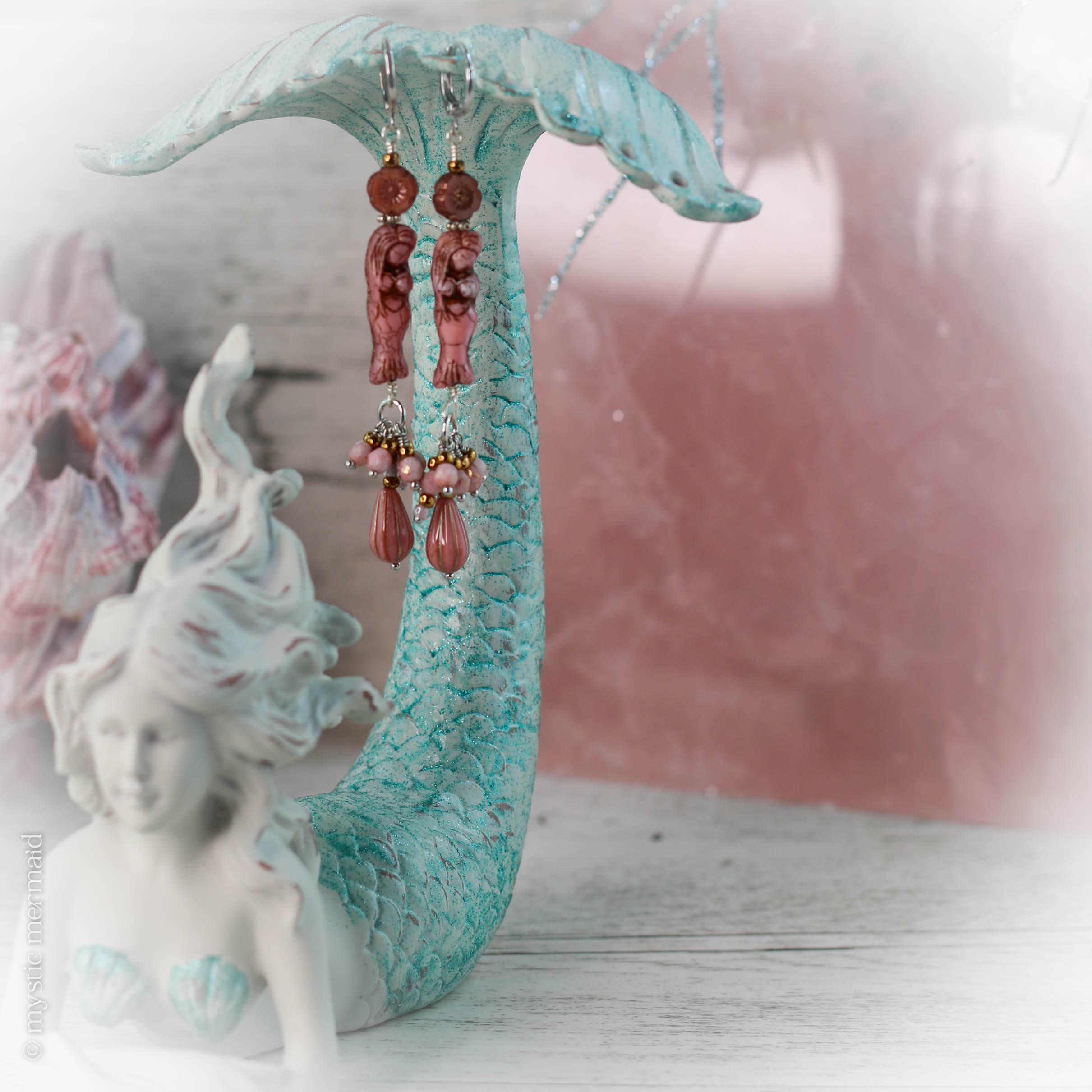 Mermaid Dreaming Dusty Rose Mermaid Czech Crystal 925 Sterling Silver Leverback Earrings
