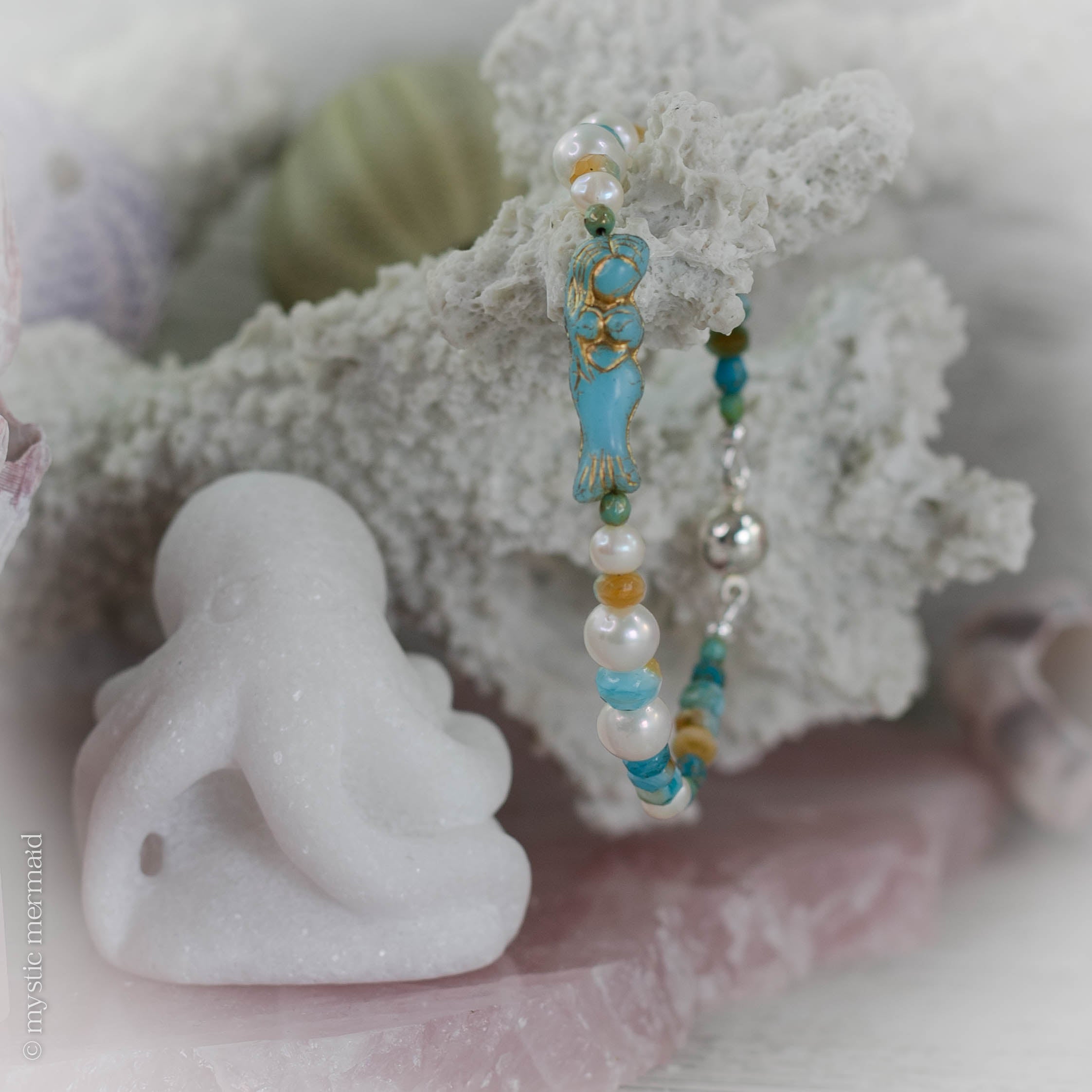 Czech Crystal Mermaid and Pearl Bracelet in Sage