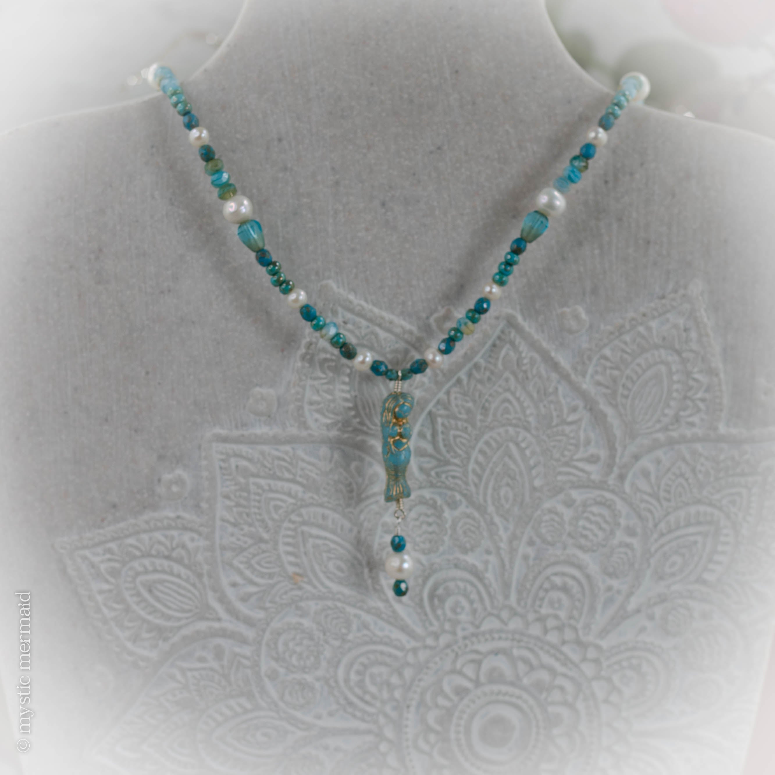 Czech Crystal Mermaid and Pearl Necklace in Sage