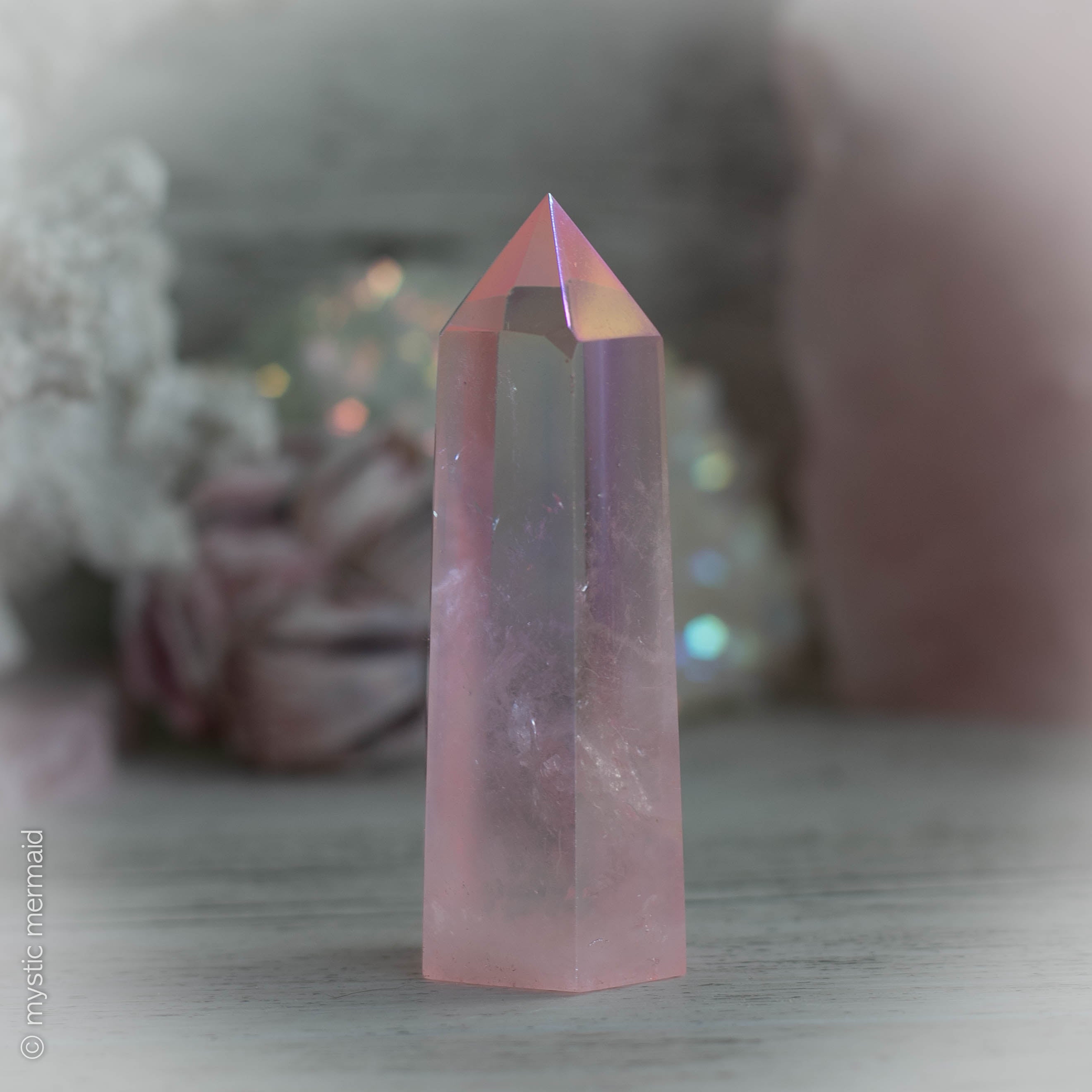 Pale Rose Pink Aura Clear Quartz Crystal Point