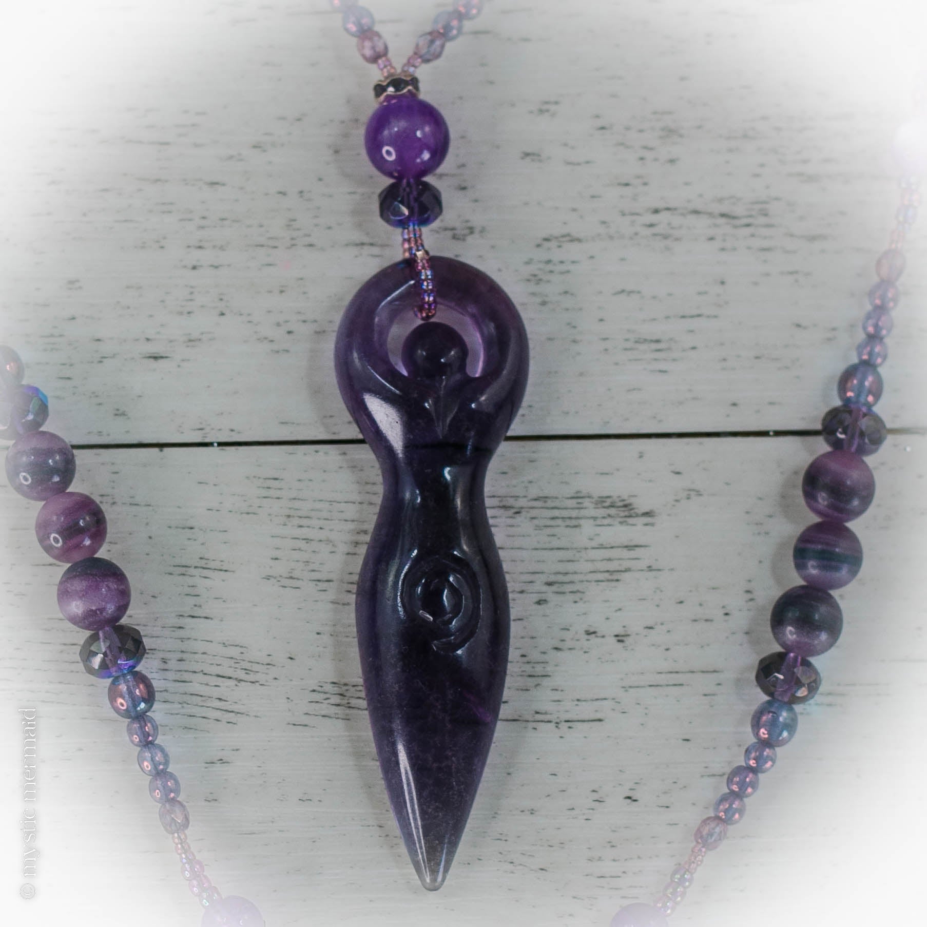 Purple Fluorite Spiral Goddess Pendant Feature BeadedNecklace
