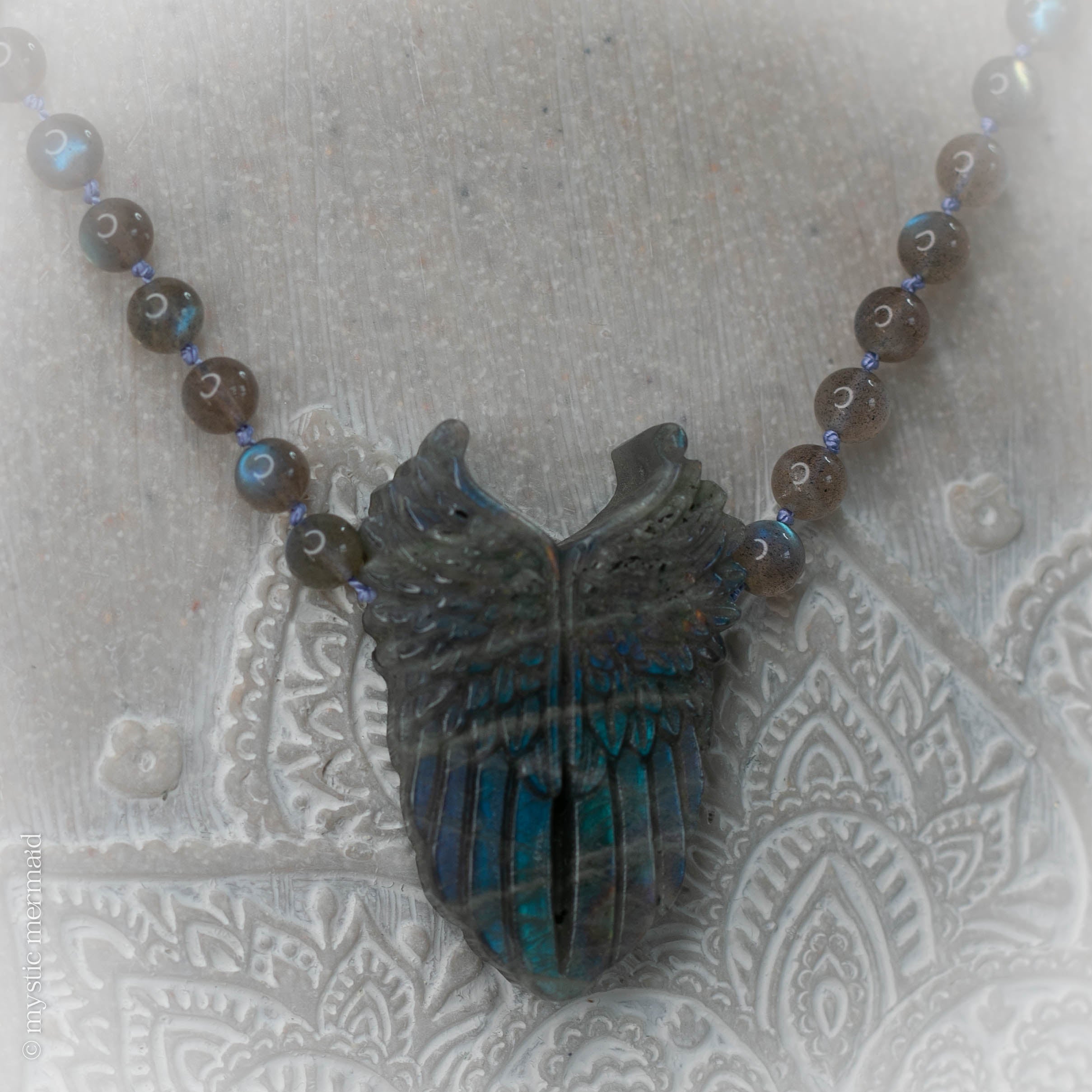 Rainbows at Sunrise hand knotted Silk Labradorite Angel Wing Necklace