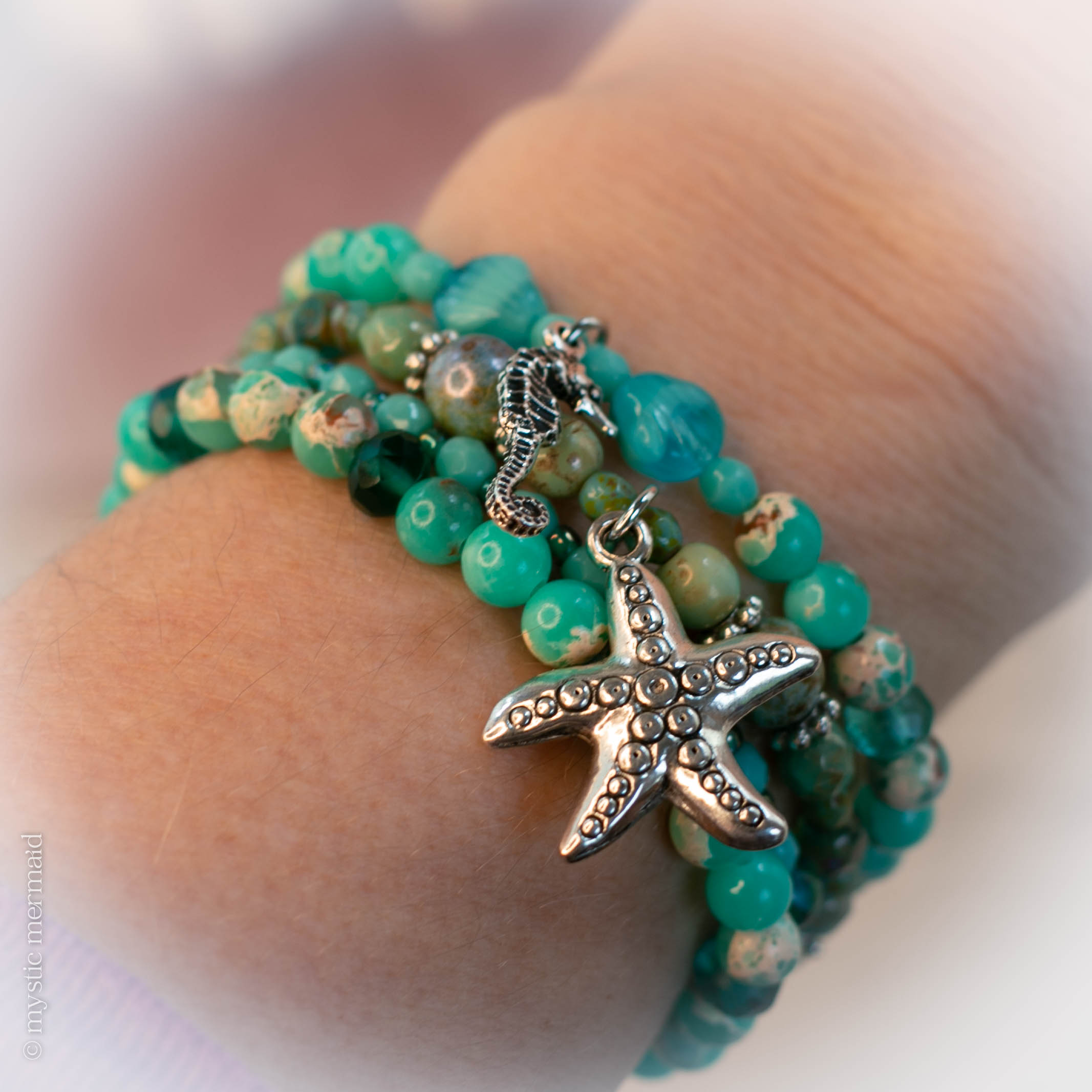 Turquoise Delight Sea Sediment Jasper and Czech Crystal Stretch Bracelet