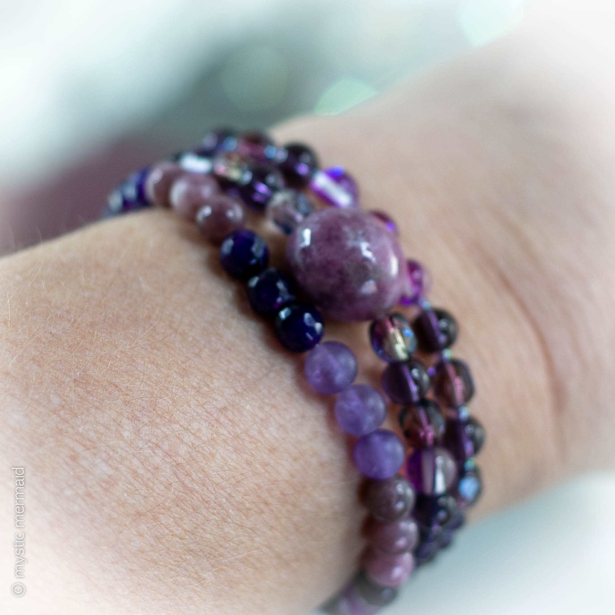 Instant Calm Lepidolite, Purple Agate, Frosted Amethyst stretch bracelet