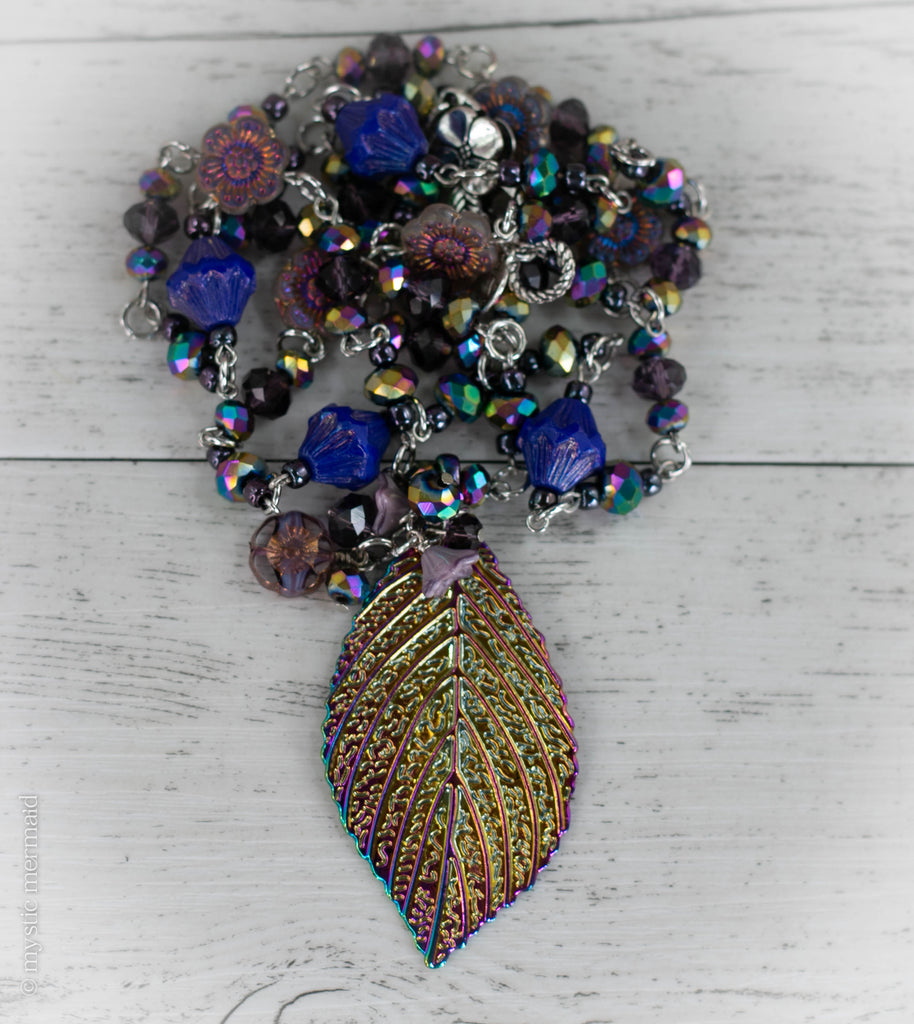 Glistening Rainbow Aura Leaf Chain Necklace