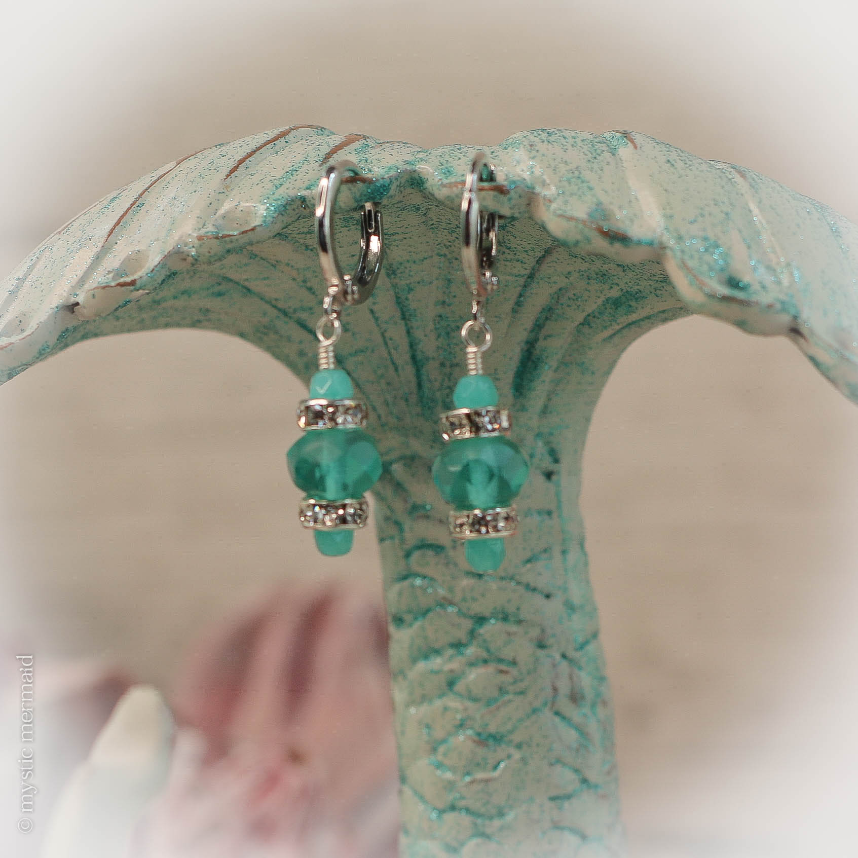 Turquoise Glow Vintage Czech Crystal 925 Sterling Silver Sleeper Leverback Earrings