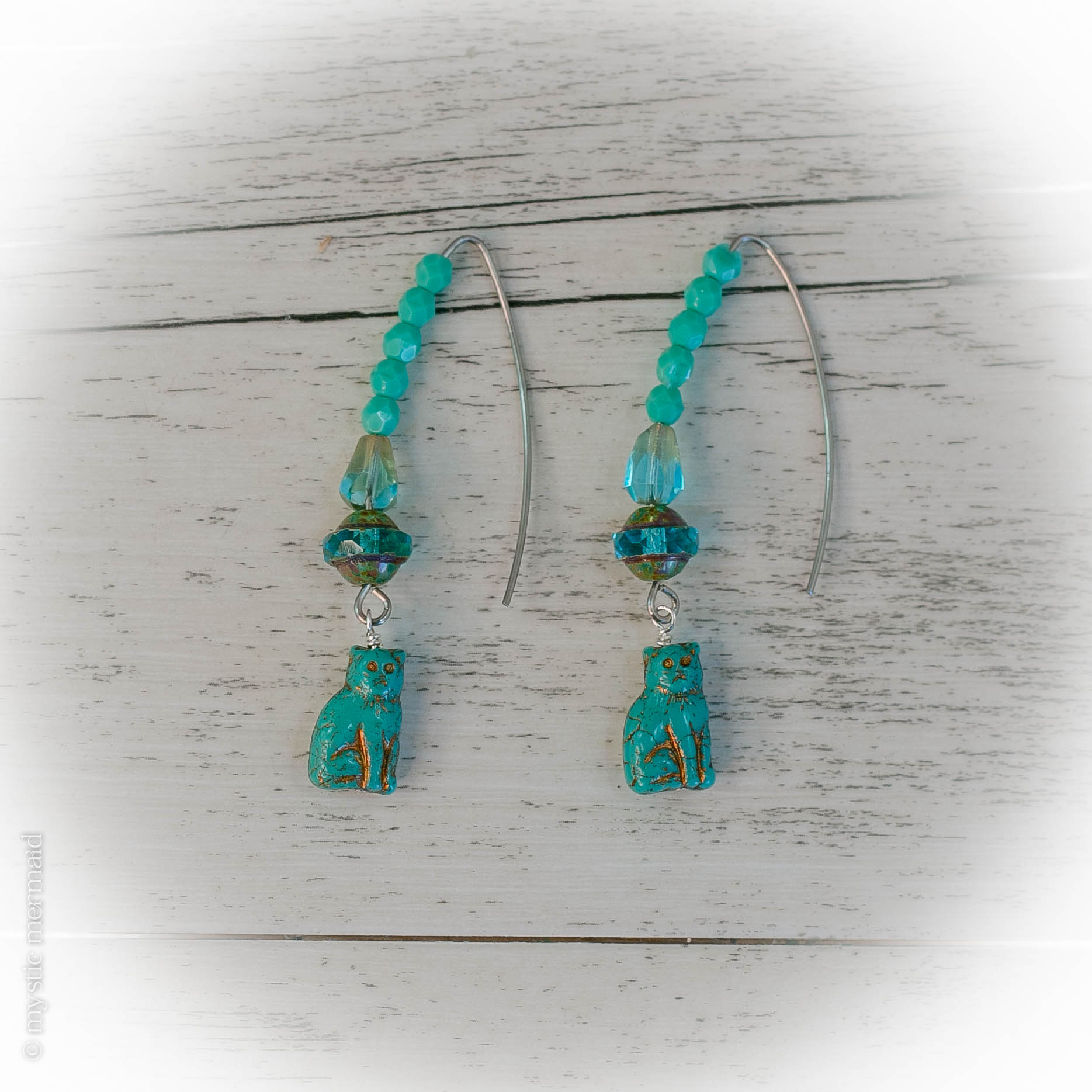 Handmade Pressed Czech Turquoise Kitty - Surgical Stainless Steel Beaded Earrings