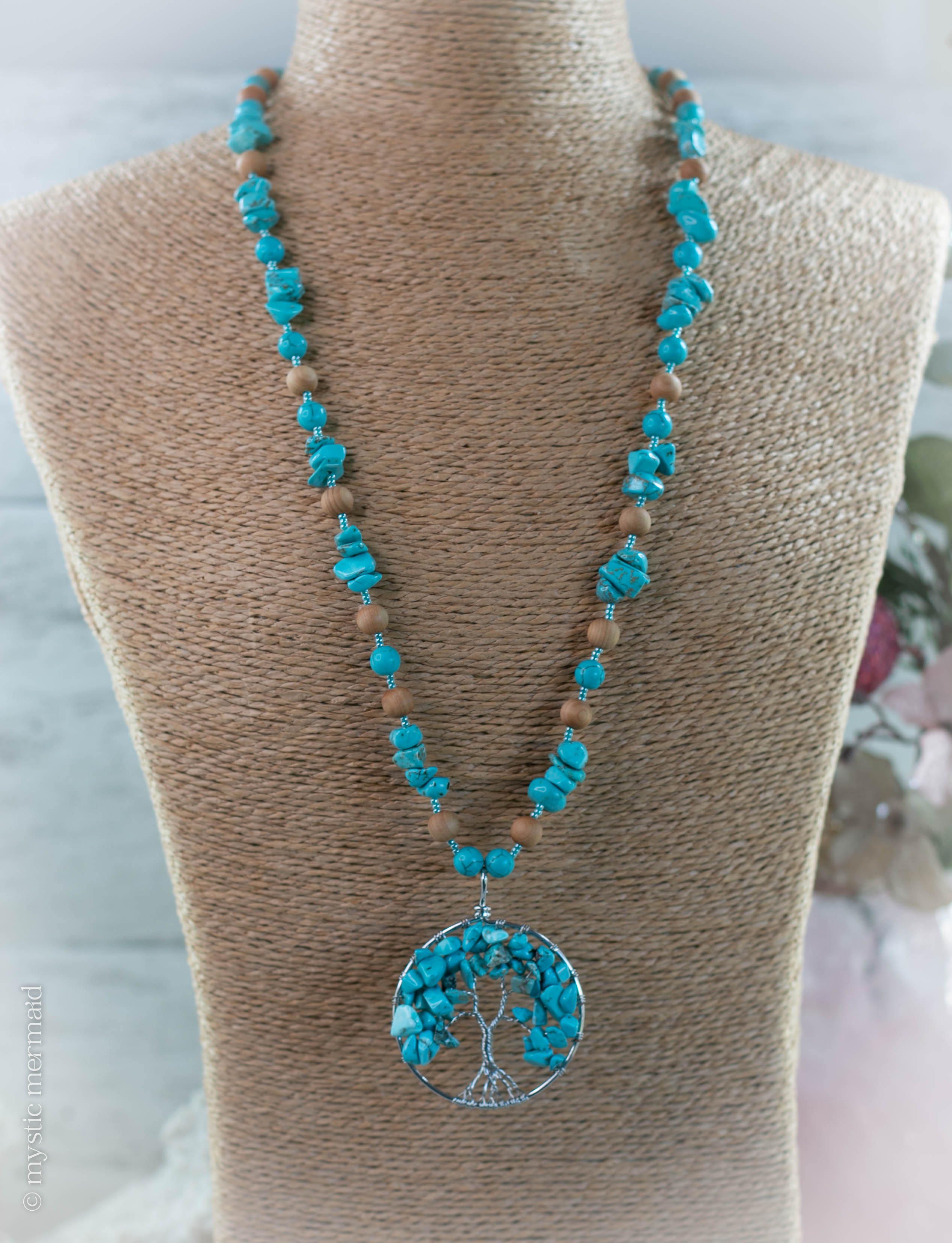 Turquoise and Cedarwood Tree of Life Bohemian Necklace