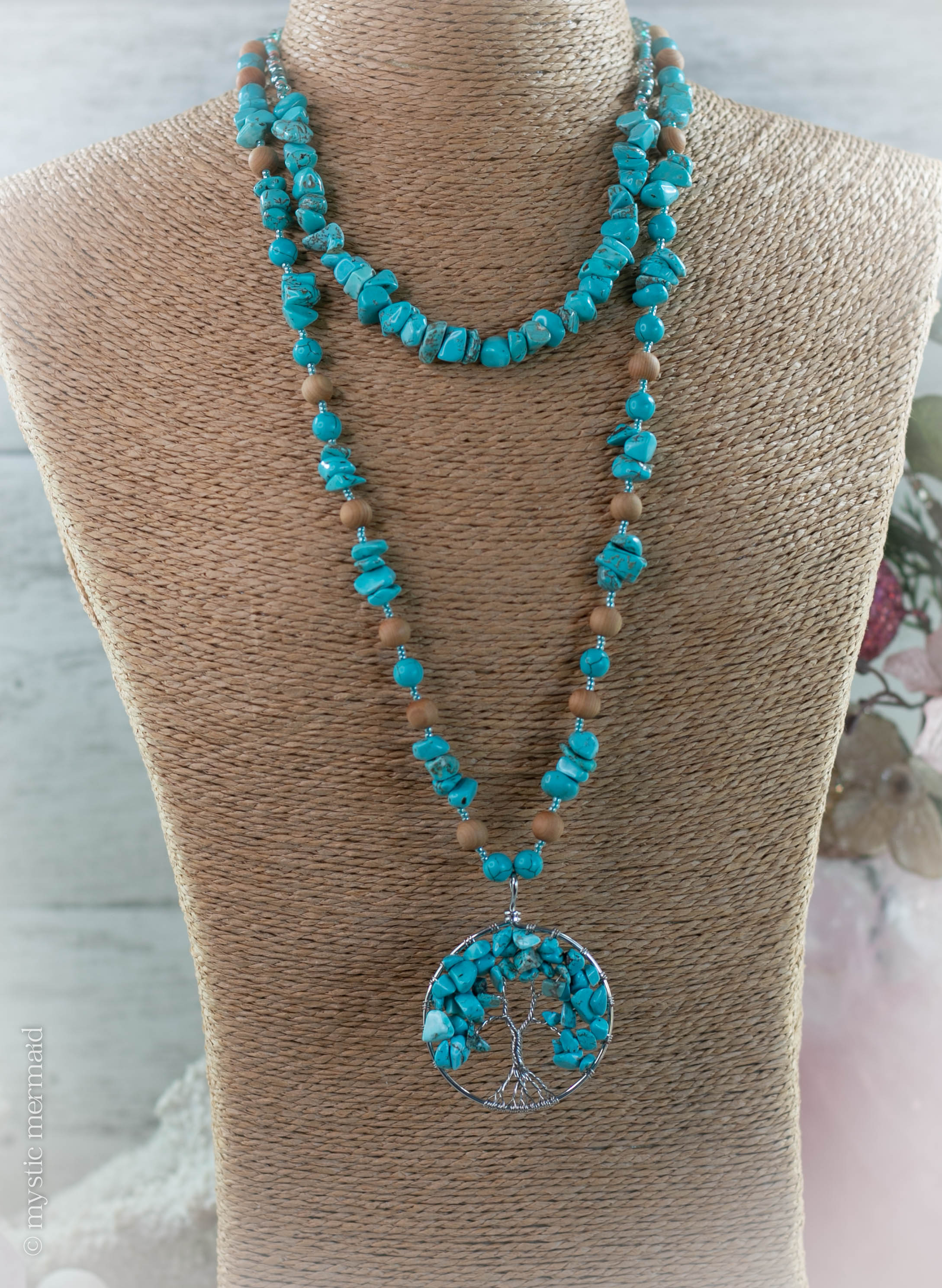 Turquoise and Cedarwood Tree of Life Bohemian Necklace